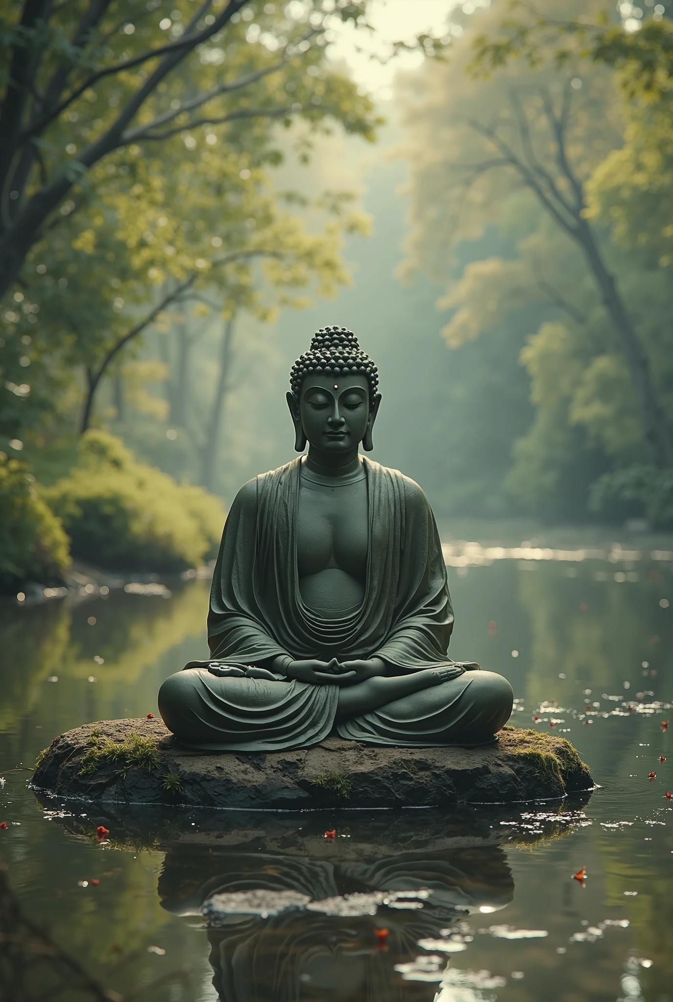 There is a statue of a person sitting on a rock in the water - SeaArt AI