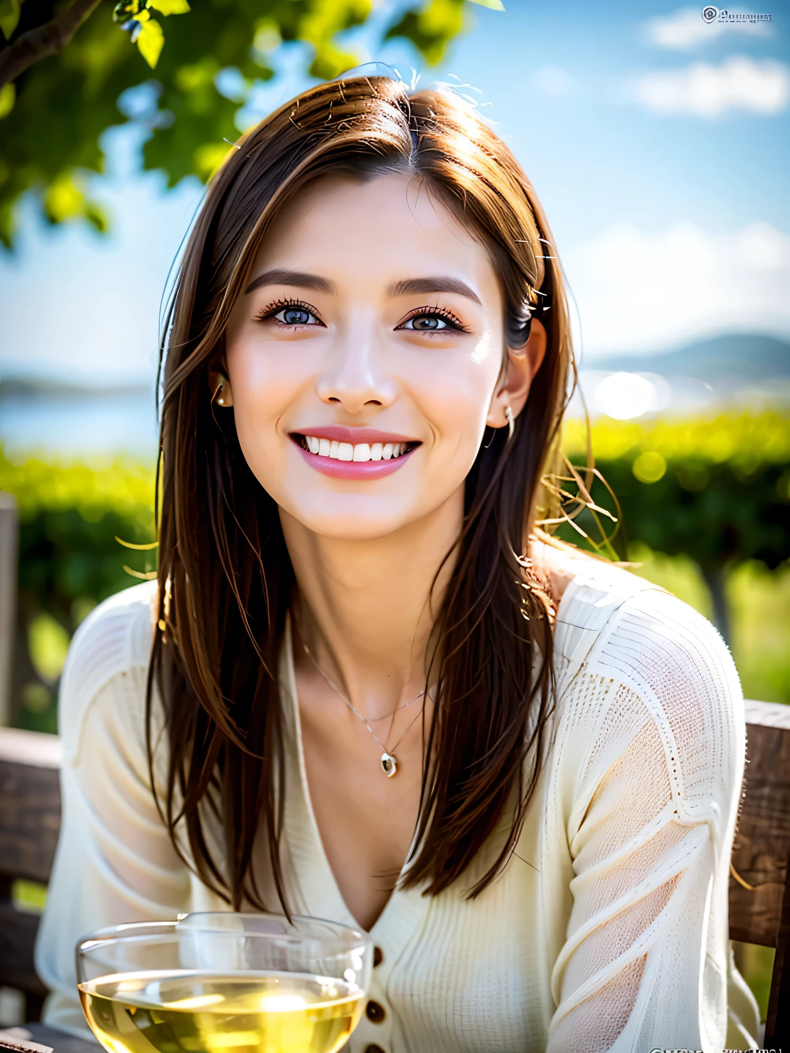 ((White Wine)),(( wine glasses)),(realistic, superrealistic:1.4), 16K HDR, high image quality,((White Wine)),(( wine glasses)),29 years old,Age 31, Japanese beauty ,so beautiful, turtleneck dress、happy smile、 short hair, best smile、slim couple、Model Couple, spectacular view of the sky and clouds at dusk, DSLR Camera ,detailed background, UseVolumetric Lighting,sitting on a chair outdoors and concentrating sharply, super Realistic skin, so beautiful expression , cloud effect :1.2、professional quality high image quality、Highest quality, slim body ,High quality face,detailed eyes, beautiful lips, SUPERIOR LIGHT PARTICLE , Movie Light , blue eyes ,(RAW photo), (realistic), (masterpiece), (Highest quality), high image quality, 8k, ( is particular about details without hiding the body ), ( Volumetric Light ), portrait , layered hair , brown hair, beautiful eyes, Order Order, very beautiful eyebrows, Very beautiful skin, Very beautiful mouth, so beautiful鼻, cute like an idol, happy smile, ( Thick lips),