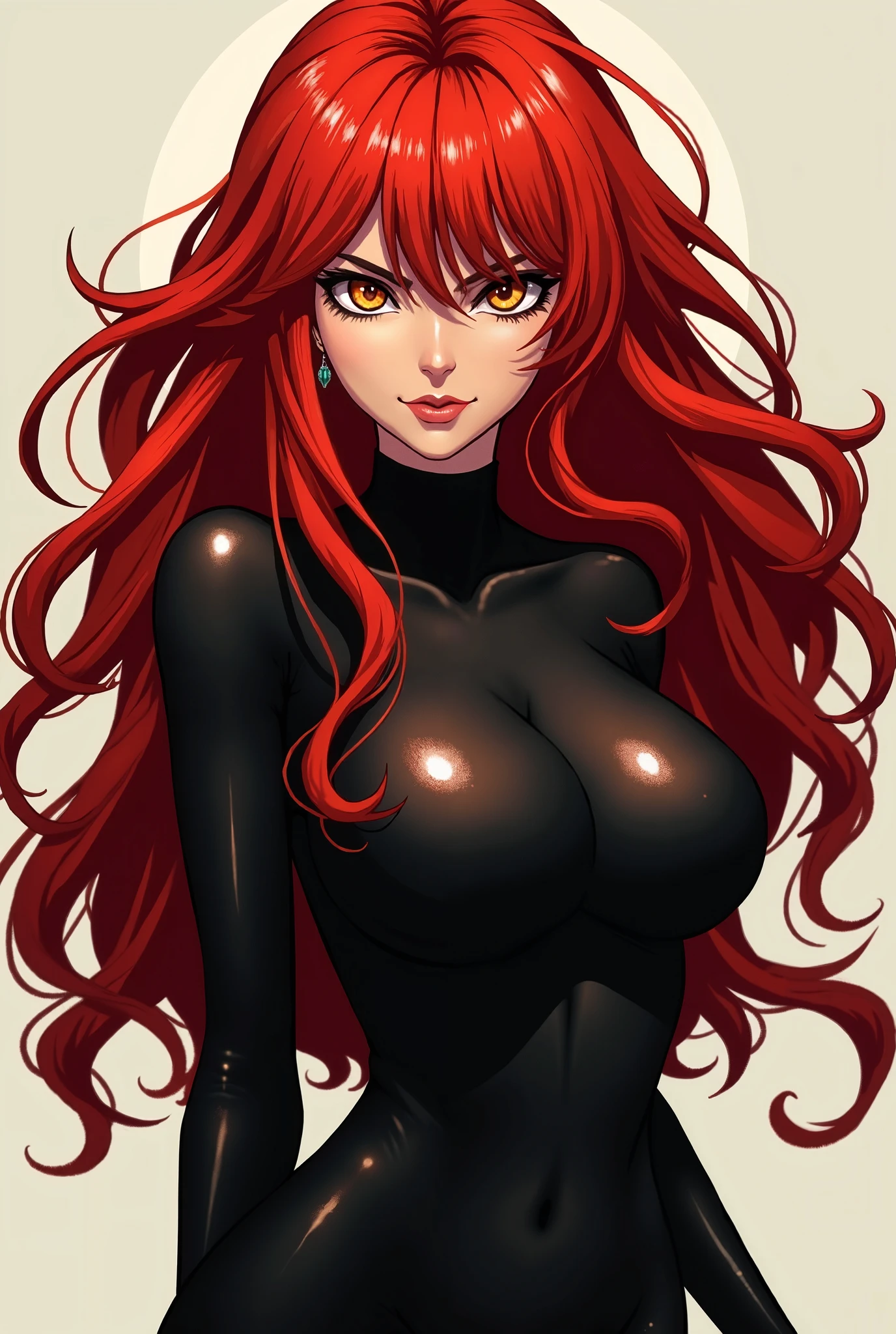 The image depicts a girl with bright red hair dressed in a sleek skin-tight shiny black latex bodysuit with a deep-cut zipper neckline revealing a large chest, the silver zipper running down the front. The suit is complemented by a belt of shiny golden circles around her waist. Both hands are tied behind her back. Her fair complexion and well-toned body contribute to the faithful representation of the character she is emulating. She appears with a cute smile on her face