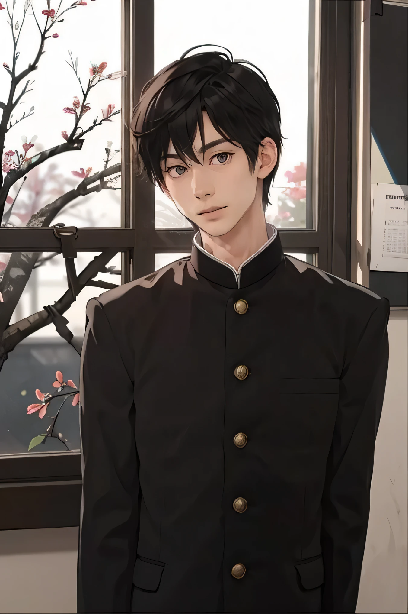 Japanese man handsome short dark-haired adult short cropped smile In the classroom window window windowの外は初春 There is only one cherry tree Black school run school uniform Black school run Shaved head Shaved head Shaved head Shaved head glasses