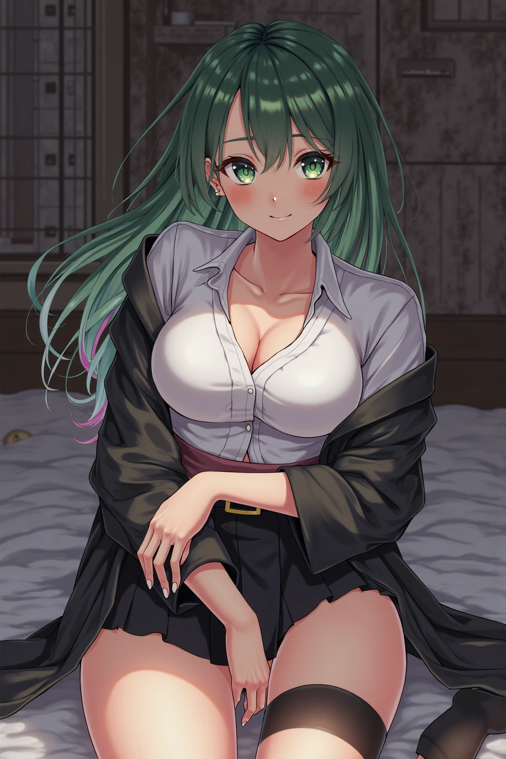 <lora:winnie_peach_v1(bg_sv4_bg):1> winnie_olis, 1girl, solo, eyewear on head, green hair, medium hair, blunt bangs, purple eyes, large breasts, (breasts out, one breast out, breast slip, nipples:1.3), black robe, short dress, thigh boots, expressionless, looking at viewer, (crossed arms, breast hold:1.3)
BREAK
shelf, window, indoors, night