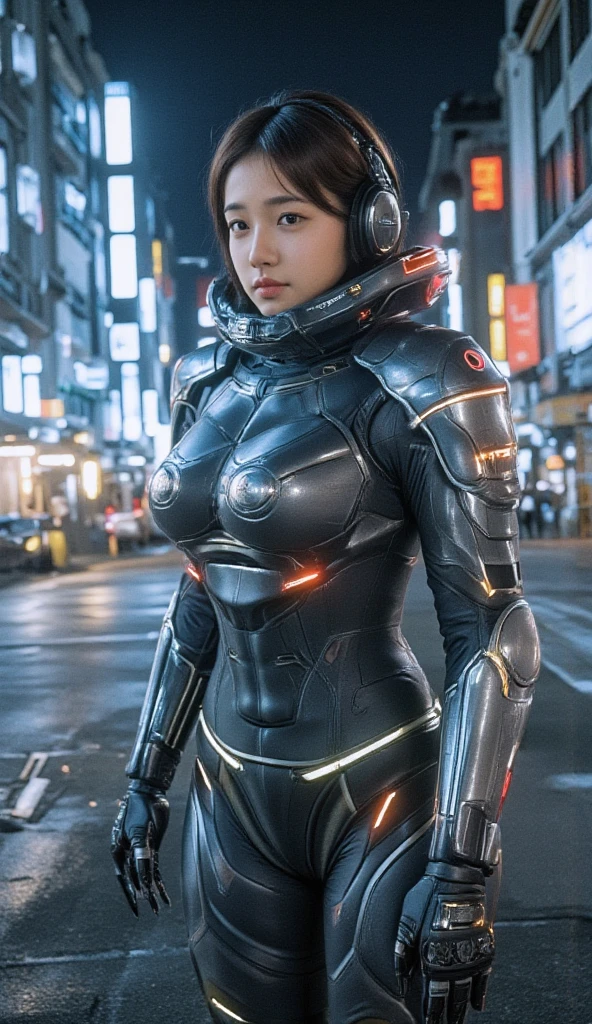 awardwinning photo, , Cyberpunk Suit, Cracked porcelain skin, A dark-haired、 gros-plan, vibrating, Photorealista, realist, Dramatic, murky, foco nítido, 8K、highcontrast、teats、Erotic、Cool pose