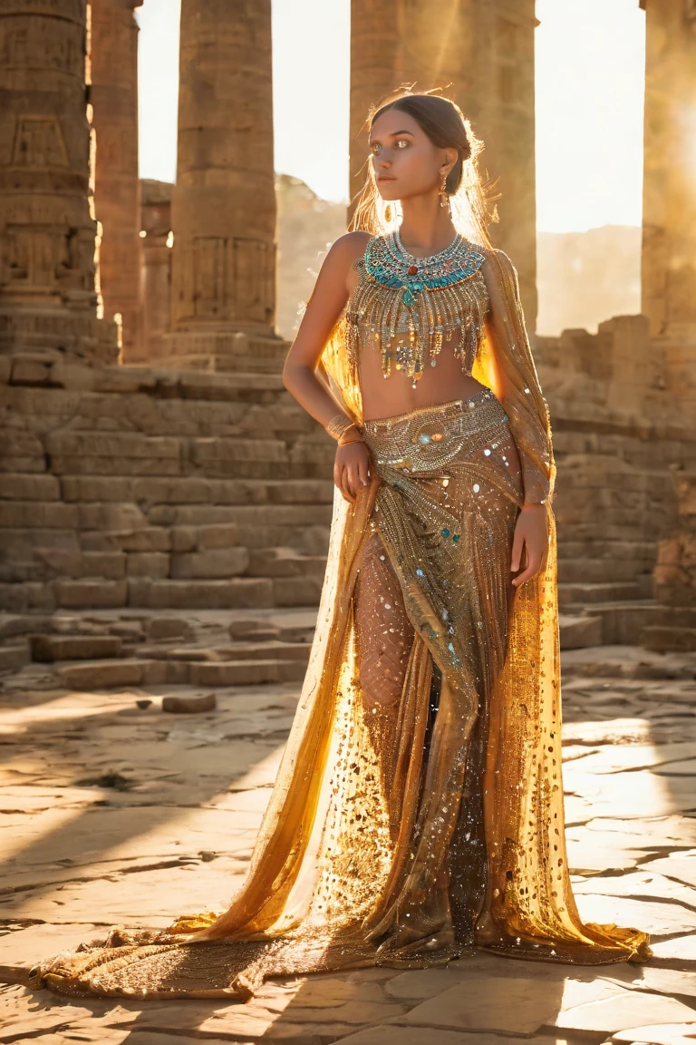 (((best quality))),(((ultra detailed))),(((masterpiece))),illustration,1girl, solo,princess, Arabic,slim,thin, ((palace, desert)),gold, gemstones,headscarf, veil on face,white sheer traditional clothing, hairband, deep eyes, elegant face, subtle smile,earrings,necklace,slender legs,high heels,sunlight, shining, serene, environment,day scene,out door,standing,((full body,from front)),((small breasts,flat chest,arms behind back))
