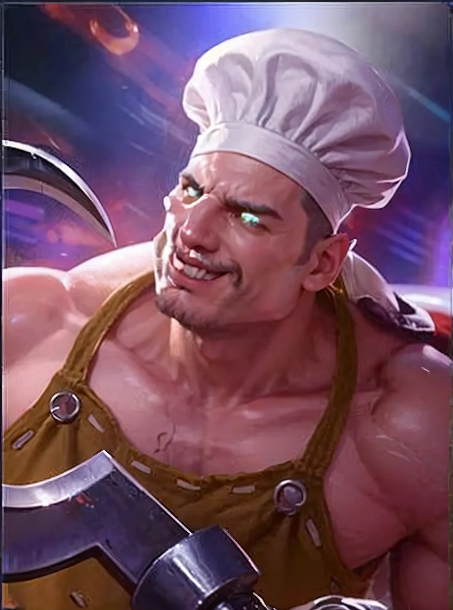 masculine male, masterpiece, ((perfect eyes)) best quality, (semirealism:1.9), beautiful lighting, (extremely detailed CG unity 4k fhd wallpaper), High Detail, Sharp focus, dramatic outdoors,40 years old, brown short hair, blue eyes, smile, Boy with two big horns, big earrings on ears, elf ear, red eyes, Thick eyebrows, evil smile, grinning,red body, red face, Burning skin, yellow diamonds glistening on chest, burning red skin,golden robe behind, big white belt , 8k , realistic, scary.