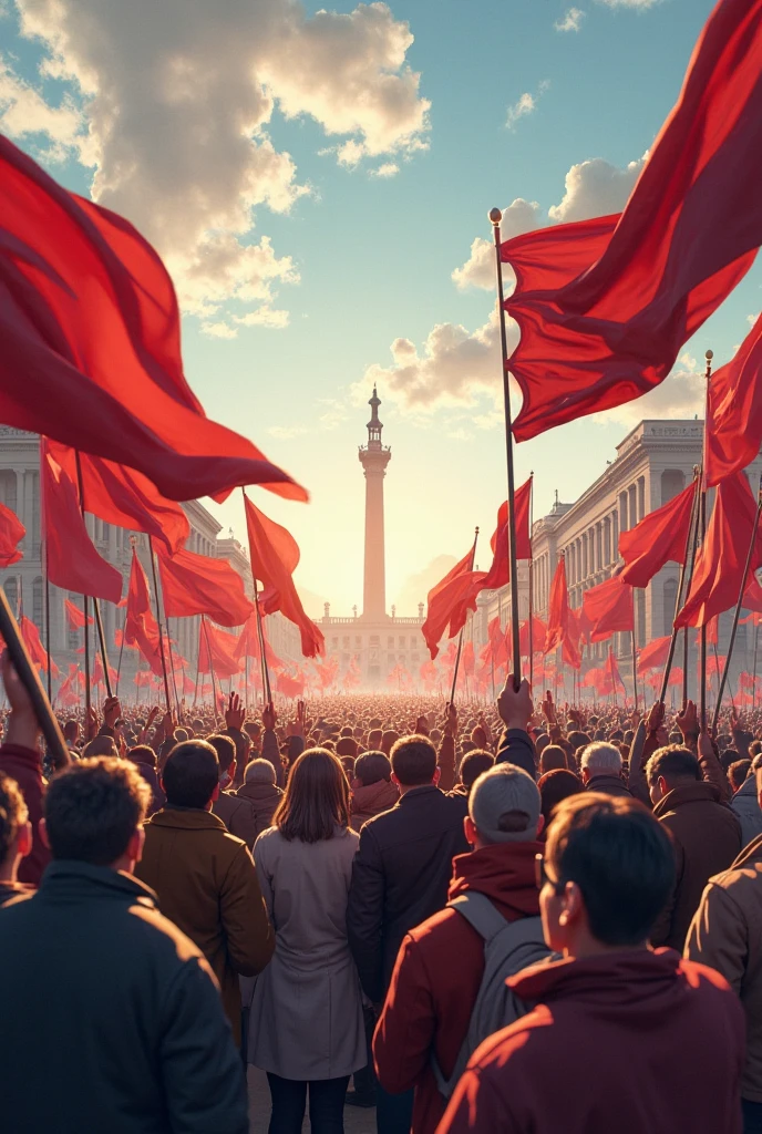 Large crowd decorated with various communist flags and the working people celebrating, desfile militar comunista, estilo futurista, cidade futurista, alienigena