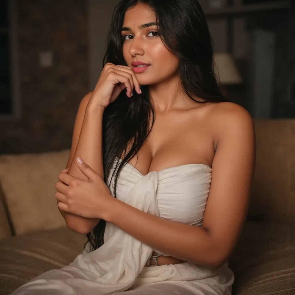 full boddy of A confident-looking indian woman with long flowing hair, hazel eyes, with flowing capes, perfect composition, hyperrealistic, super detailed, 8k, high quality, trending art, trending on artstation, sharp focus, studio photo, intricate details, highly detailed, art by greg rutkowski, violet clothing , transparent bra and panty.visible nipples ,25 yr old, no cloths,smile, in the balcony
