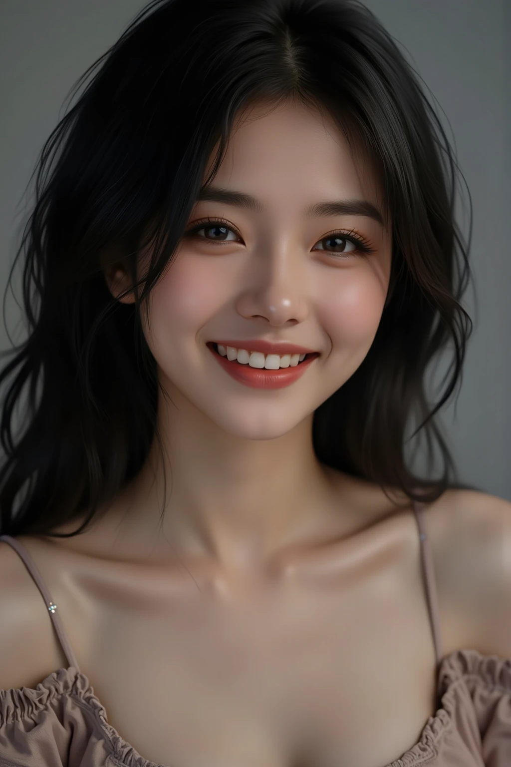 top-quality、​masterpiece、超A high resolution、(Photorealsitic:1.5)、Raw foto、1girl in、off shoulders、murky、deep-shadows、Unobtrusive、cold light、sexy appearance、a smile