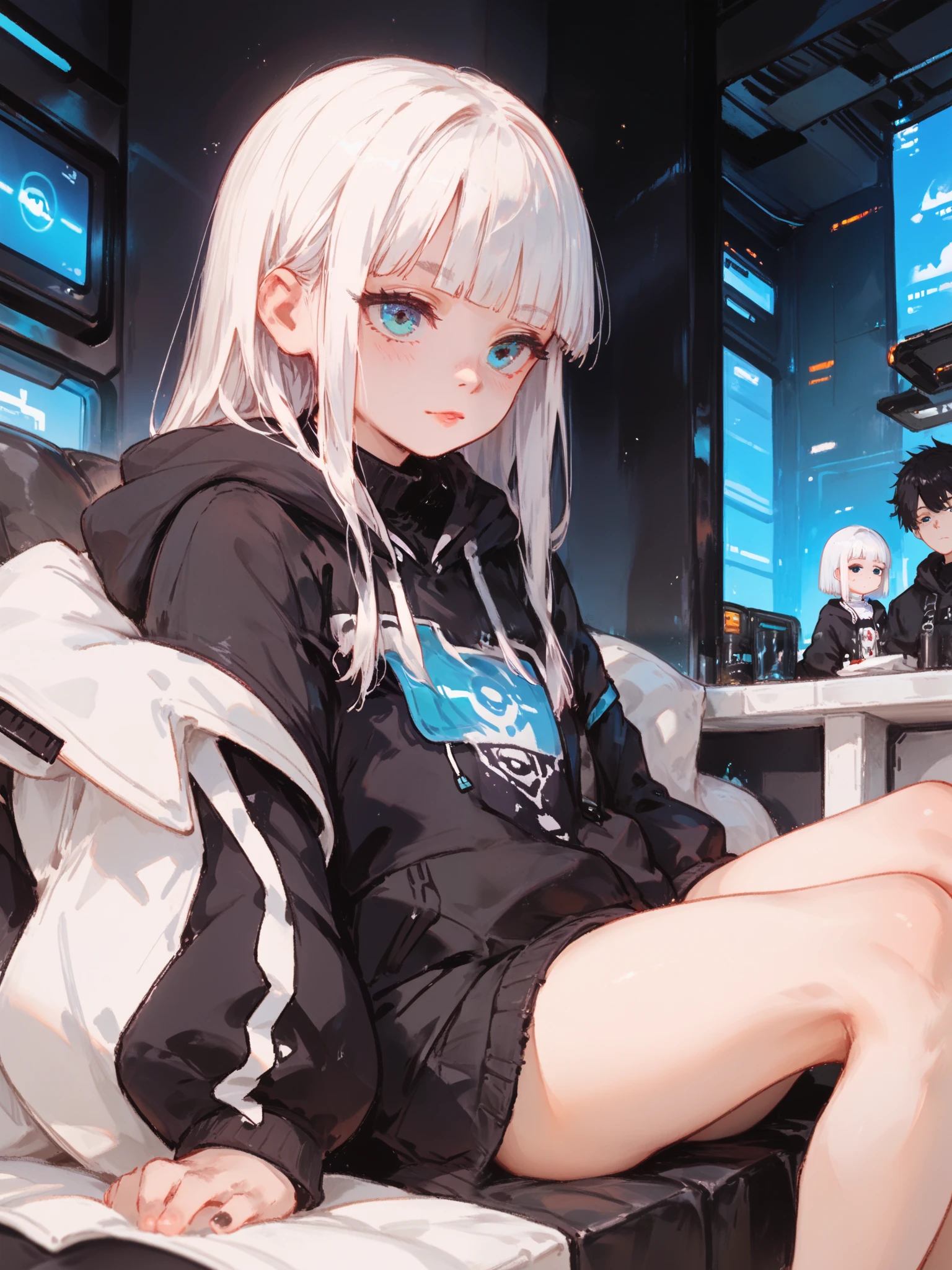 "1 girl with light white hair , Hime cut , light skin, and , A. black hoodie . A girl is sitting. The background is plain black , boy with futuristic clothes is sitting , makes me fully focus on the girl's personality ."