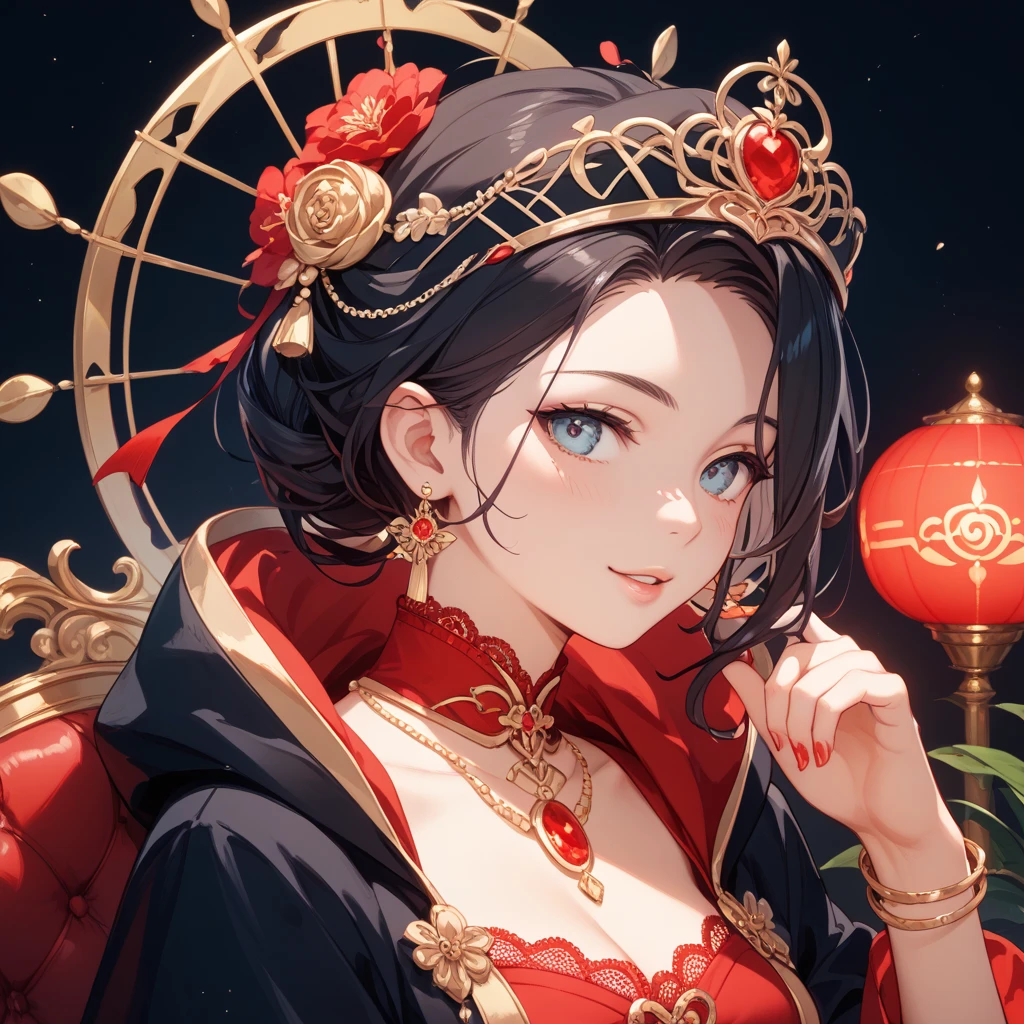 Beautiful woman, long black hair, side swept bangs, sparkling blue eyes, fair skin, empress aesthetic, red dress