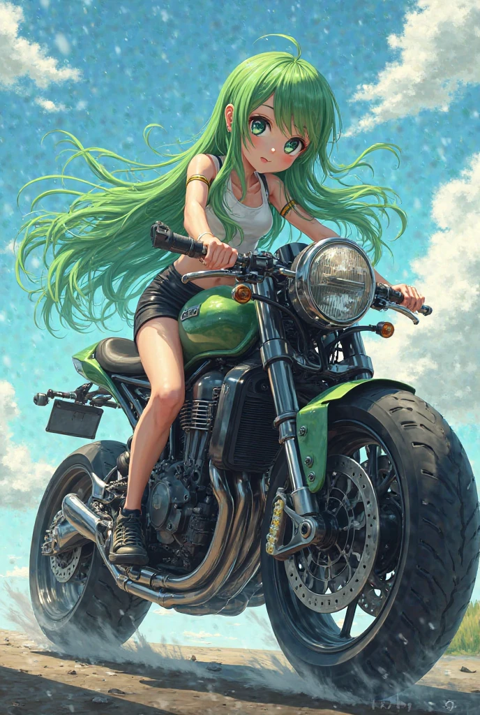 Una chica, Bulma from dragon ball, estilo anime,cabello corto color verde,big boob, ojos verdes, on a capsule corporation motorcycle,8k.