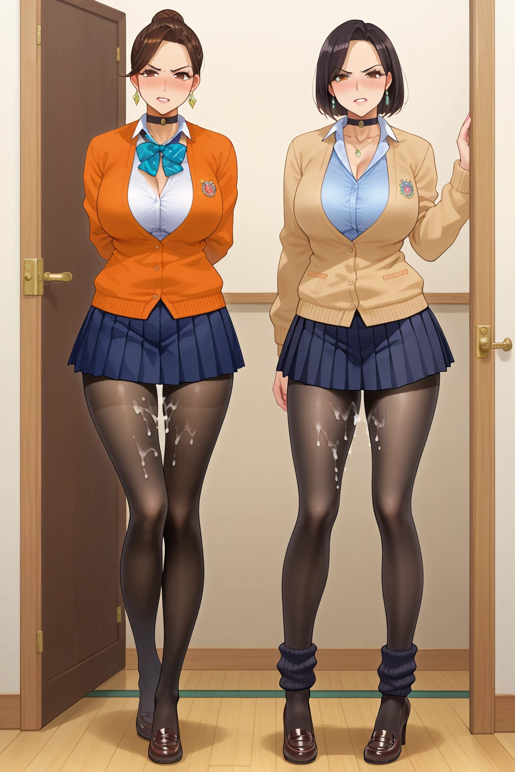 masterpiece, best quality, high resolution, (3girls), 20 years old, (blue jeans pants), full body, blush, worried, park, (((((((pee stain)))))))