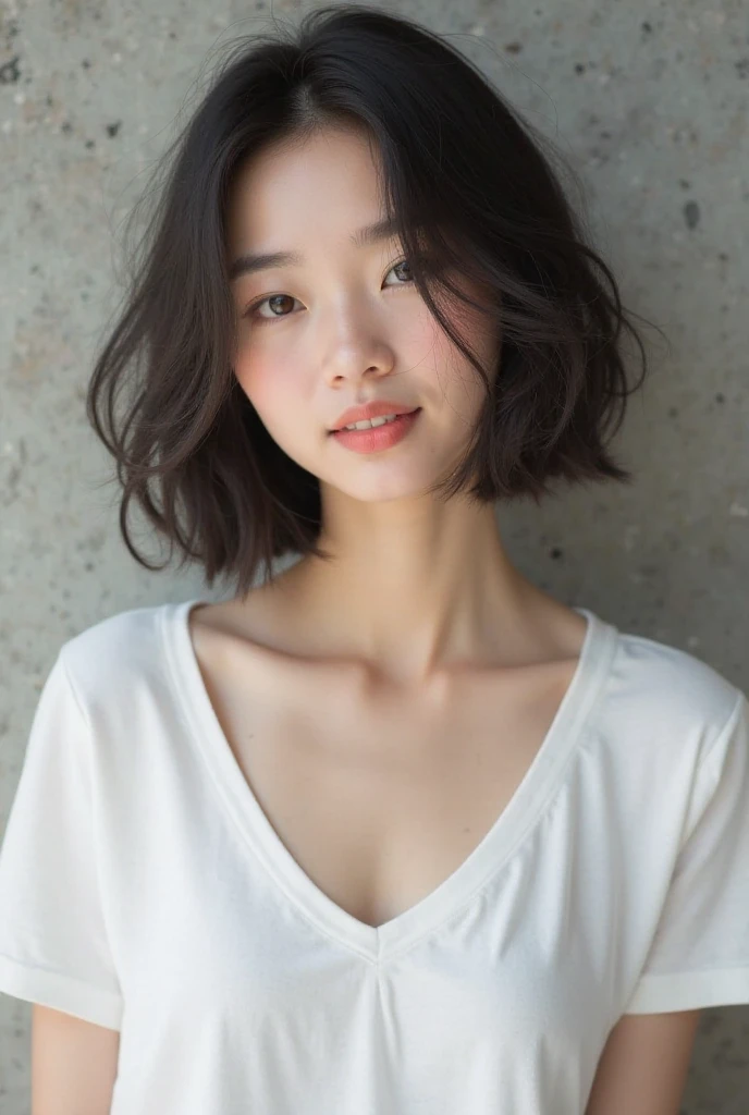 (Best quality, 8k, 32k, Masterpiece, UHD:1.2),Photo of Pretty Japanese woman, large breasts, very short bob hair,upper body,face focus,oversized_sweater, necklace, simple background, from above, looking at viewer,