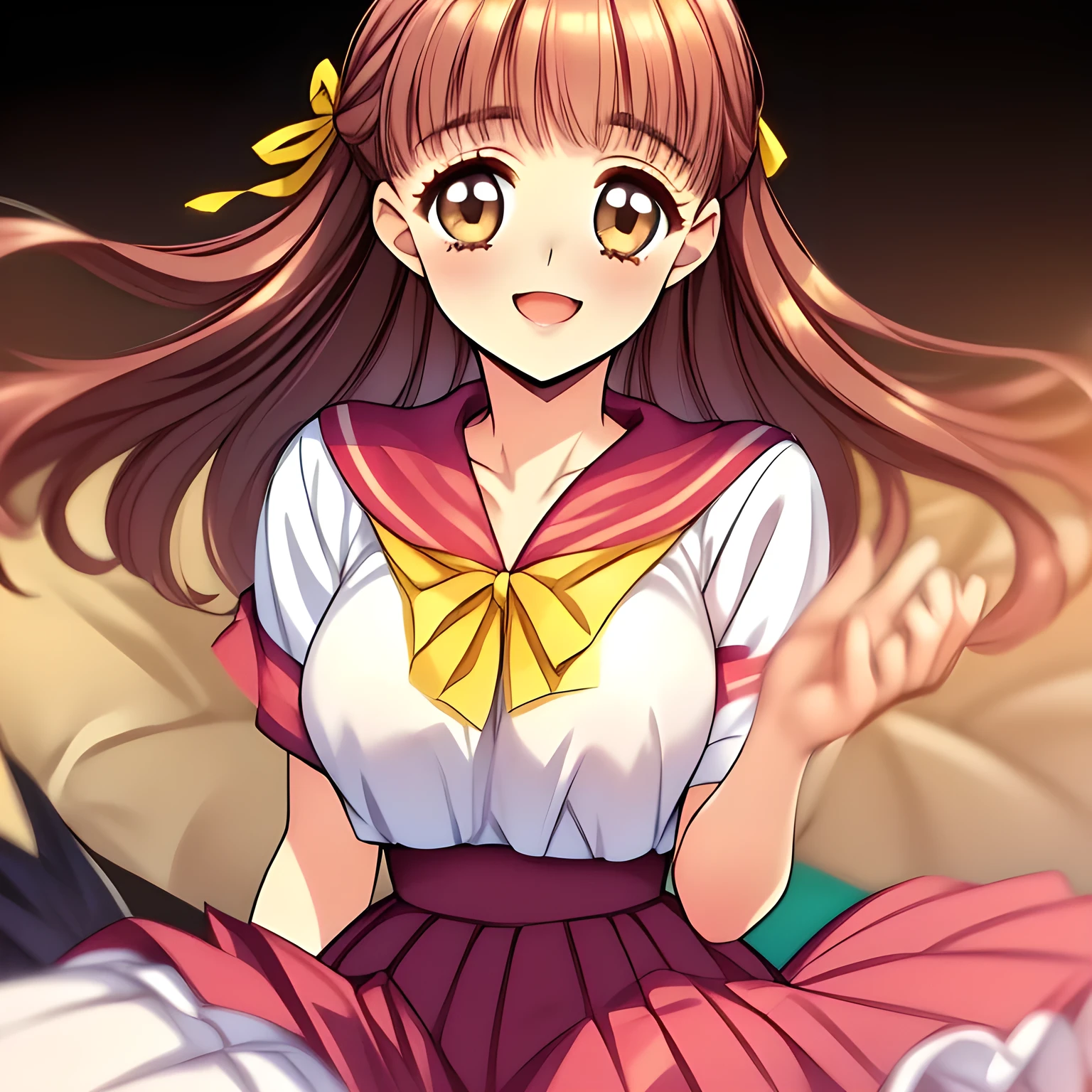 (highest quality, masterpiece:1.2), highest quality, High resolution, 1080p, 8K, (A ((slender)) beautiful pretty noble succubus of (love-story comic heroines) is seated on a lewd bed of succubi, high pride of beauty, hypnotizing me by their beauty, ((looking me up, and requesting me kiss with highest laughter at the side)), (perfectly balanced slender style), (long neck), neat & clean, lovely strong charm, cutely tilted head), (Too noble beautiful lady like a love-story comic heroine), (laughing), A very lovely, very noble, pretty and pure beautiful girls. ((neat innocent ears)), ((white grown face)), Using expensive whitening cosmetics by cosmetics artist: 1.2), Glossy lips, (curled) bangs, (Too beautiful blue fascinating shiny (double-lidded) (brown eyes) with love to the viewer, ((deep upper girly eyelid)), ((huge eye pupils)), laughing with detailed clearly: 1.5), (((pink, deep-red, yellow lined neat sailor uniform)), slender neat pink blouse, (deep-red sailor collar with yellow lines), (orange-red pleats skirt): 2), (too pretty shiny big (red realistic school ribbon tie)): 1.5), (Shiny love-story heroine lips, extremely laughing open mouth: 1.0), ((amazingly beautiful black bobbed wavy hair is blowing in the wind: 1.5)), (Hair Ribbon ties (black hair), The ribbon is big and very pretty), (Tight waist, slender: 1.5), (The background is (plain black space) to emphasize their fascination: 1.8), (The lady knows well about the viewer's super fetishism for school uniforms, and satisfies it completely: 1.7), (Gorgeous atmosphere In a train limited for beautiful girls bound for girl's school directly early in the morning: 1.5), (Everything is organized to have strong effect of hypnosis for the viewer to fall into happy dream with many beautiful girls: 1.5), (The viewer must be transferred to the world of only beautiful girls right now when he sees the eyes of girls in this picture: 2), (The viewer may die of pleasure given from the girls: 1.5)