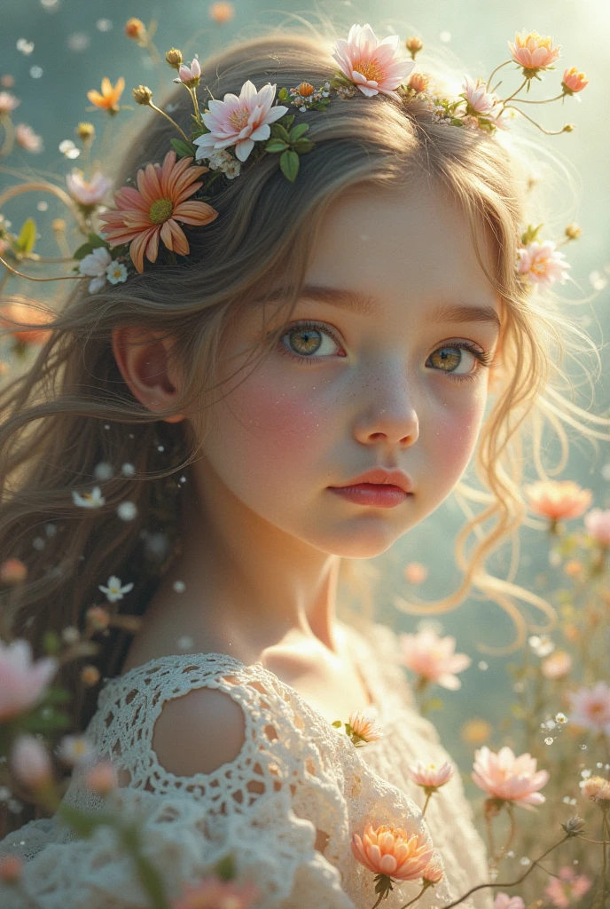 draw a small girl with pink frock and open hair and there is a small golden leaf is on her head.