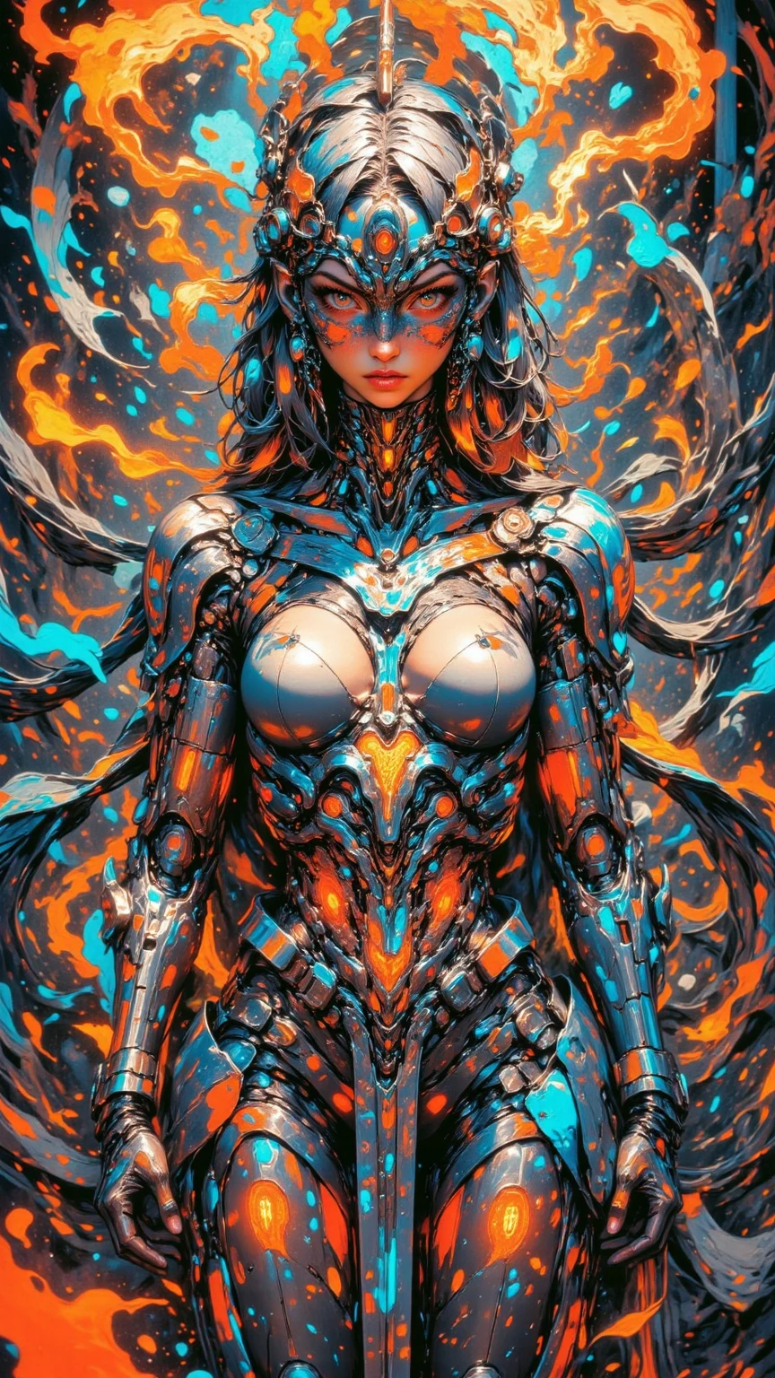 Anime painting of cute Asian cyberpunk woman, (((full body))), cabello cyberpunk sin forma, Piezas de armadura, dynamic pose, elegant pose, colores brillantes, arte de Carne Griffiths y Wadim Kashin Arte conceptual, fondo ciberpunk, belleza abstracta, almost perfection, Forma pura, golden ratio, minimalism, inconcluso, arte conceptual, Por Brian Froud y Carne Griffiths y Wadim Kashin, Detalle intrincado, 8K post-production, high resolution, Super detail, tendencia en artstation, Sharp focus, studio photos, Detalle intrincado, Muy detallado, por Greg Rutkowski