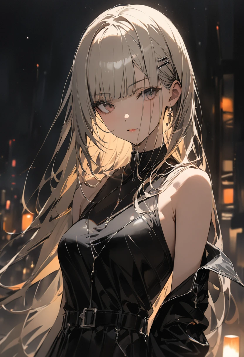 masterpiece,1 girl,long silver hair,red eyes,black dress,chains wrapped around the body, caught in chains,Wrapped in a shining chain,high fantasy,anime art wallpaper 4k,(high contrast),mysterious atmosphere,mysterious light,fantastic background