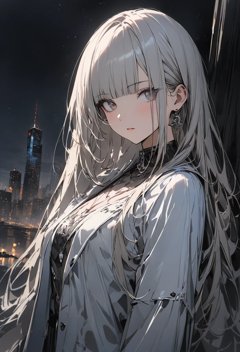 masterpiece, best quality, (Solitary focus), (Perfect face:1.1), (High Detail:1.1),dramatic, 1 person, (Pale skin), Long white hair, White eyes, Solitary, Long hair, moon, night, White luxury suit, vampire, cover navel, Pursed lips, cover, Victoria City, Detailed background, Gothic Revival, light,