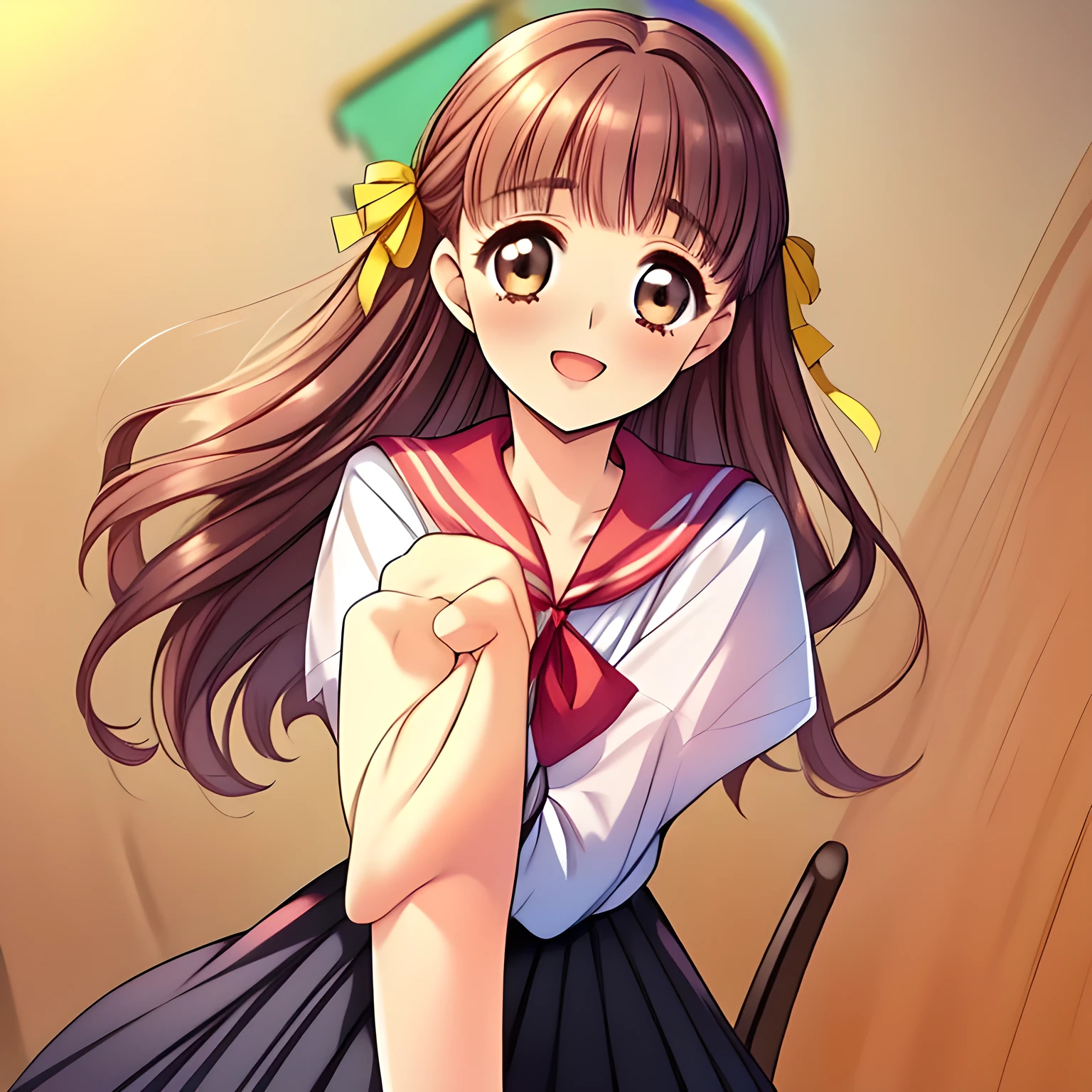 (highest quality, masterpiece:1.2), highest quality, High resolution, 1080p, 8K, (A ((slender)) beautiful pretty noble succubus of (love-story comic heroines) is seated on a lewd bed of succubi, high pride of beauty, hypnotizing me by their beauty, ((looking me up, and requesting me kiss with highest laughter at the side)), (perfectly balanced slender style), (long neck), neat & clean, lovely strong charm, cutely tilted head), (Too noble beautiful lady like a love-story comic heroine), (laughing), A very lovely, very noble, pretty and pure beautiful girls. ((neat innocent ears)), ((white grown face)), Using expensive whitening cosmetics by cosmetics artist: 1.2), Glossy lips, (curled) bangs, (Too beautiful blue fascinating shiny (double-lidded) (brown eyes) with love to the viewer, ((deep upper girly eyelid)), ((huge eye pupils)), laughing with detailed clearly: 1.5), (((pink, deep-red, yellow lined neat sailor uniform)), slender neat pink blouse, (deep-red sailor collar with yellow lines), (orange-red pleats skirt): 2), (too pretty shiny big (red realistic school ribbon tie)): 1.5), (Shiny love-story heroine lips, extremely laughing open mouth: 1.0), ((amazingly beautiful black bobbed wavy hair is blowing in the wind: 1.5)), (Hair Ribbon ties (black hair), The ribbon is big and very pretty), (Tight waist, slender: 1.5), (The background is (plain black space) to emphasize their fascination: 1.8), (The lady knows well about the viewer's super fetishism for school uniforms, and satisfies it completely: 1.7), (Gorgeous atmosphere In a train limited for beautiful girls bound for girl's school directly early in the morning: 1.5), (Everything is organized to have strong effect of hypnosis for the viewer to fall into happy dream with many beautiful girls: 1.5), (The viewer must be transferred to the world of only beautiful girls right now when he sees the eyes of girls in this picture: 2), (The viewer may die of pleasure given from the beautiful ladies: 1.8)
