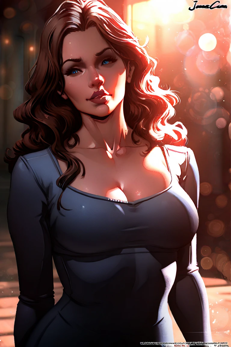 (extremely detailed 8k wallpaper), dark theme, Vampire the Masquerade, modern horror, 2020s, very beautiful woman, wearing executive dress, sharp focus, (subsuperficial scattering:1.1), award-winning photography, centered face, (Charlize Theron's face), half-body photo:1.1, long light brown hair, blue eyes:1.2, big smile, on the balcony of a luxury apartment overlooking the beach at night,  dramatic lighting