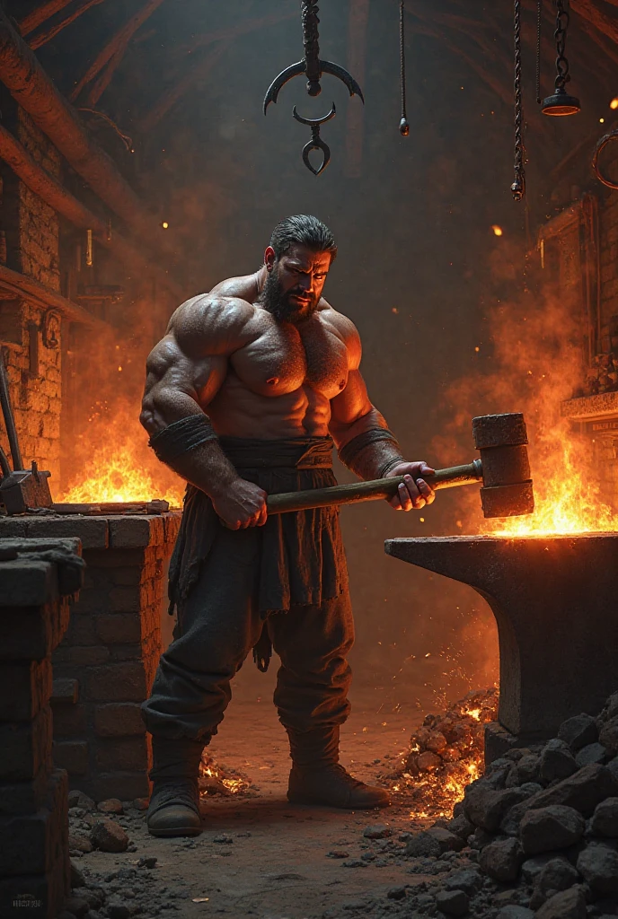 Epic, cinematic close-up shot of a monstrous creature forging a weapon in a dark, eerie smithy. Focus on the creature's powerful, clawed hands gripping a massive hammer, striking red-hot metal on an anvil. Sparks fly dramatically with each strike, illuminating the creature's fierce, glowing red eyes and sweat-covered, muscular arms. Detailed textures of the molten metal, hammer, and anvil are visible. Background elements include flickering flames and shadows, adding to the intense and foreboding atmosphere. Realistic and powerful, capturing the raw strength and determination in the act of forging a weapon for war. Ensure high level of detail and realism to match cinematic quality.