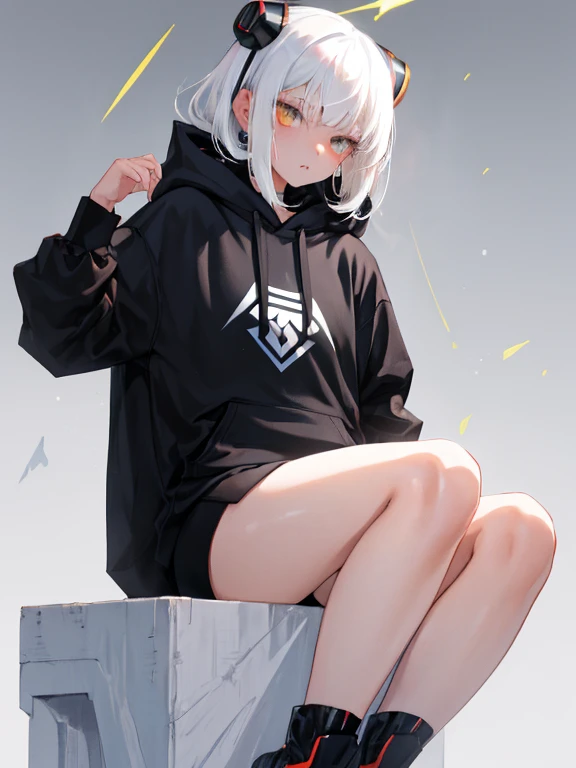 (masterpiece, best quality:1.5), (ultra detailed, high resolution, 8k, beautiful detailed, UHD, best anatomy), white hair, very flat breasts, 1 cool girl, oversize hoodie, Background with cracks, vitreous
