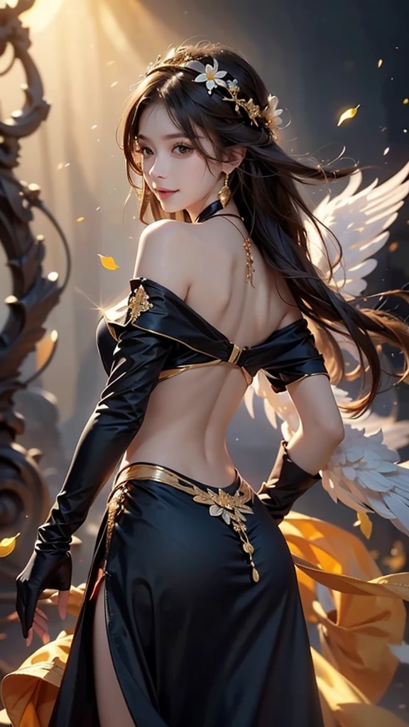 ((high qulity)), ((tmasterpiece)), 8K, ，long leges，Lying in bed，Long jeans sports navy blue top，There are golden angel wings on the back