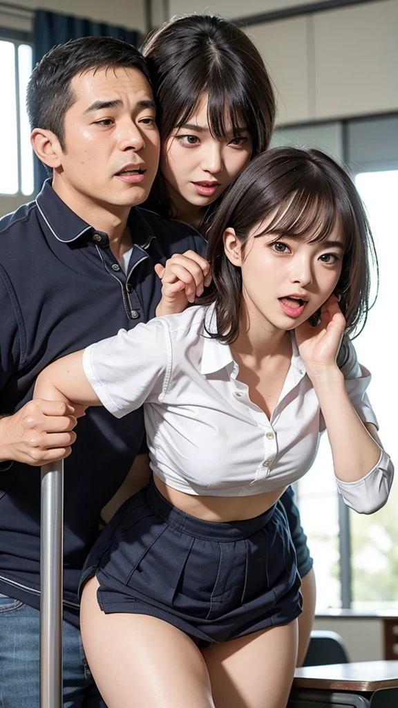 (sexual harassment:1.5), 1girl and 1man, in the office, (a man is grabbing the girl's breasts from behind:1.3), (at night, extremely dark, low key), (Masterpiece, Best Quality, photo realistic), super crisp eyelash details, (blushed face:1.2), (weeping:1.2), (shiny skin:1.1), (glamour body), (see-through office lady clothes with a skirt)