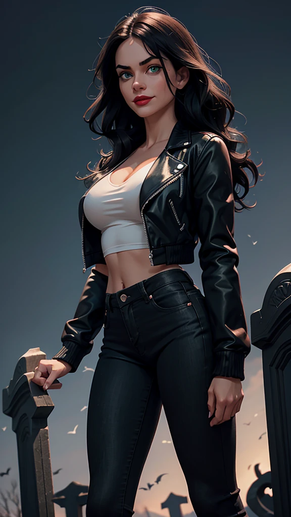 Caucasian woman; ((black hair)), wavy hair, long hair, hair parted in the middle; blue eyes, ((lined eyes)), ((highlight blue eyes)), bright eyes, (eyes with highlights); ((red lipstick)), (bright lips), makeup; smile, toned body, athletic body, (large breasts), nipples, ((legs)); ((jeans)), black boots, ((short top)), ((black top)), open jacket, black jacket; earrings, necklace, bracelets; standing; realistic, cinematic lighting, bokeh, edge lighting, Backlit; take side.