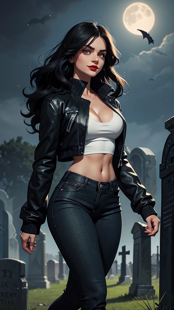 Woman, white skin, green eyes, black hair, wavy hair, straight hair, bangs, long hair, windy hair, cemetery at night, blood in mouth, tight jeans, black boots, very low-cut blouse, white blouse, open jacket, jacket red, horror, large cleavage, pronounced nipples, smiling, looking at camera, red lips, athletic, bats in the sky, terrifying atmosphere, frontal shot.