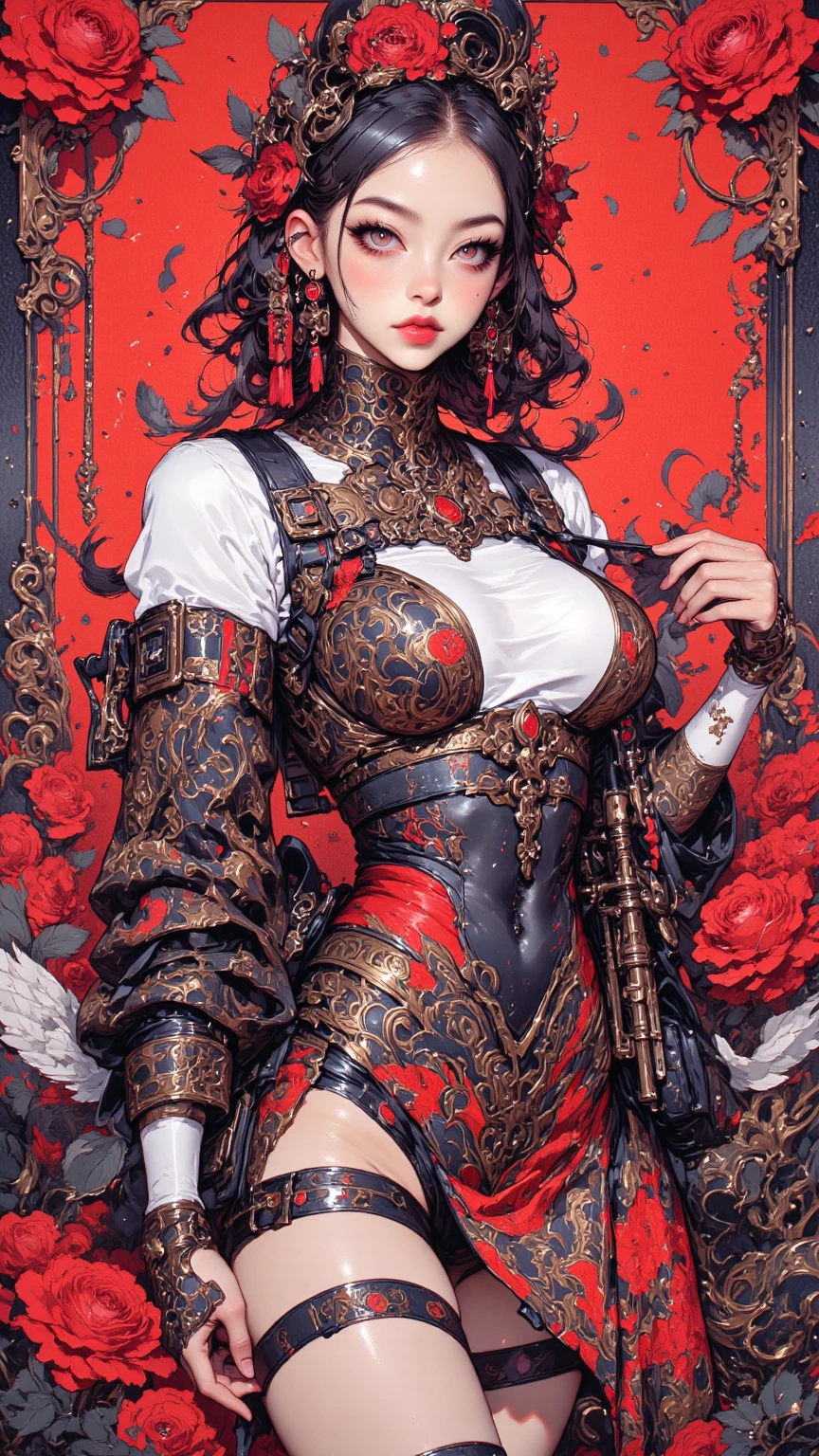 official art, unity 8k wallpaper, ultra detailed, beautiful and aesthetic, masterpiece, best quality, (zentangle, mandala, tangle, entangle), (fractal art:1.3) , 1girl, red flowers, extremely detailed, dynamic angle, cowboyshot, the most beautiful form of chaos, elegant, a brutalist designed, vivid colours, romanticism, by james jean, roby dwi antono, ross tran, francis bacon, michal mraz, adrian ghenie, petra cortright, gerhard richter, takato yamamoto, ashley wood, atmospheric