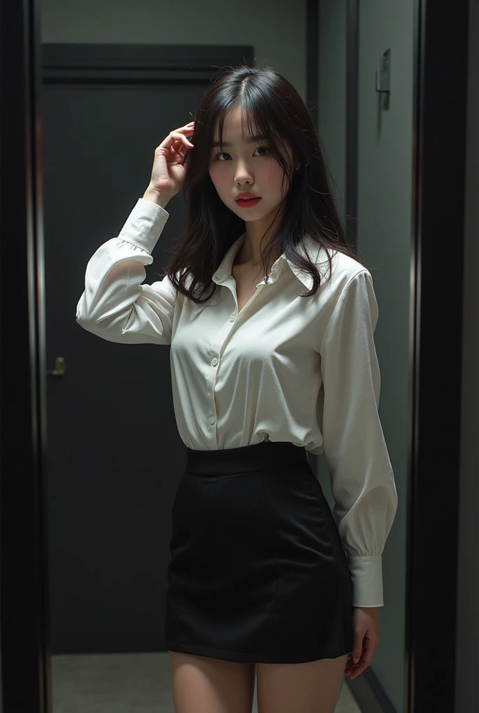 A Korean woman with a beautiful face, wearing a white shirt, so thin that the black bra can clearly be seen. Unbutton the top button. Wear a short black peat skirt. black sexy skirt Sitting slightly bent over, wet from the rain, on a prison mattress. Highly detailed texture You can see the thin shirt and see the underwear very clearly. sexy sitting position
