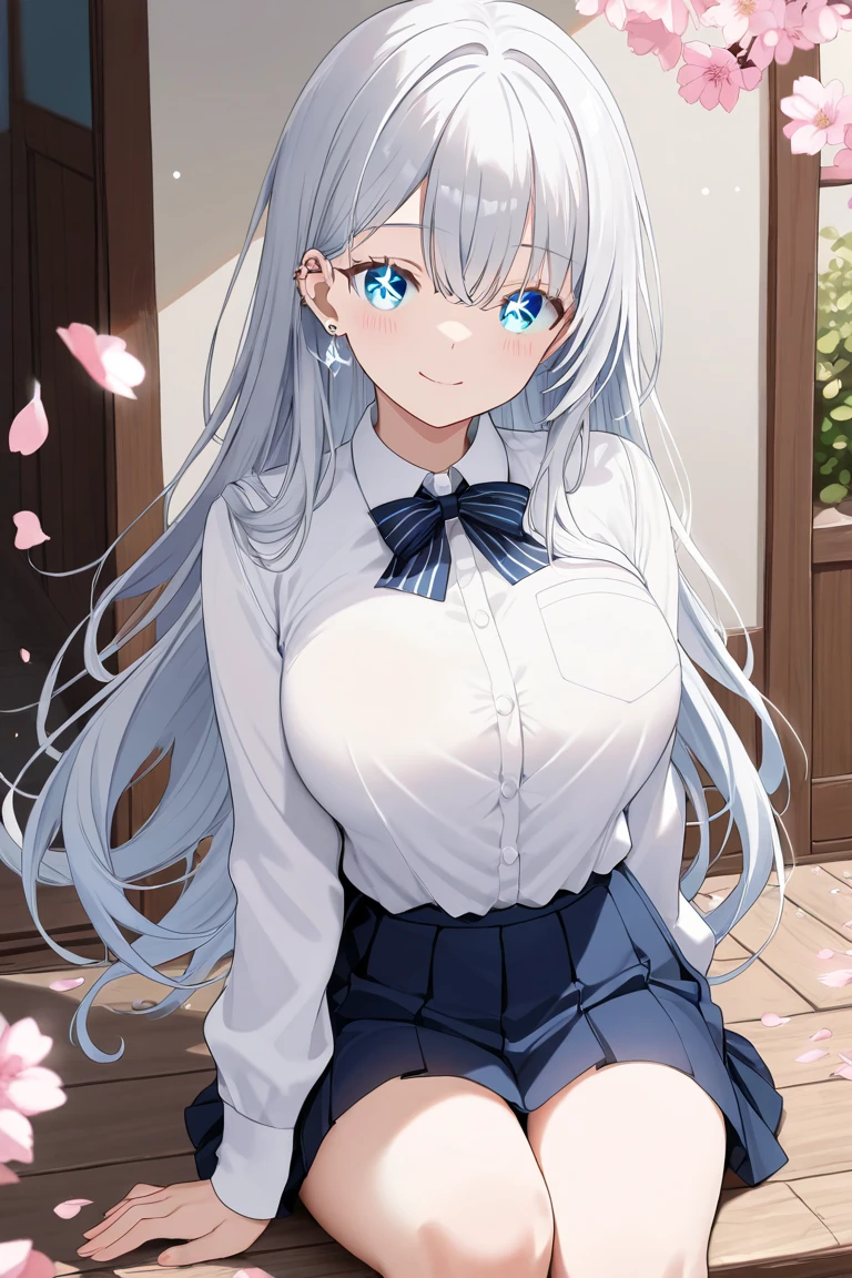 realistic, masterpiece, best quality, high definition, sa1, high school girl, single, solo girls' changing room, sweat-soaked silver hair, blue eyes, sweat-soaked school uniform, (pantyhose), white shirt, big tits, skirt, black skirt, navy blue high socks, sweat-wet skin
