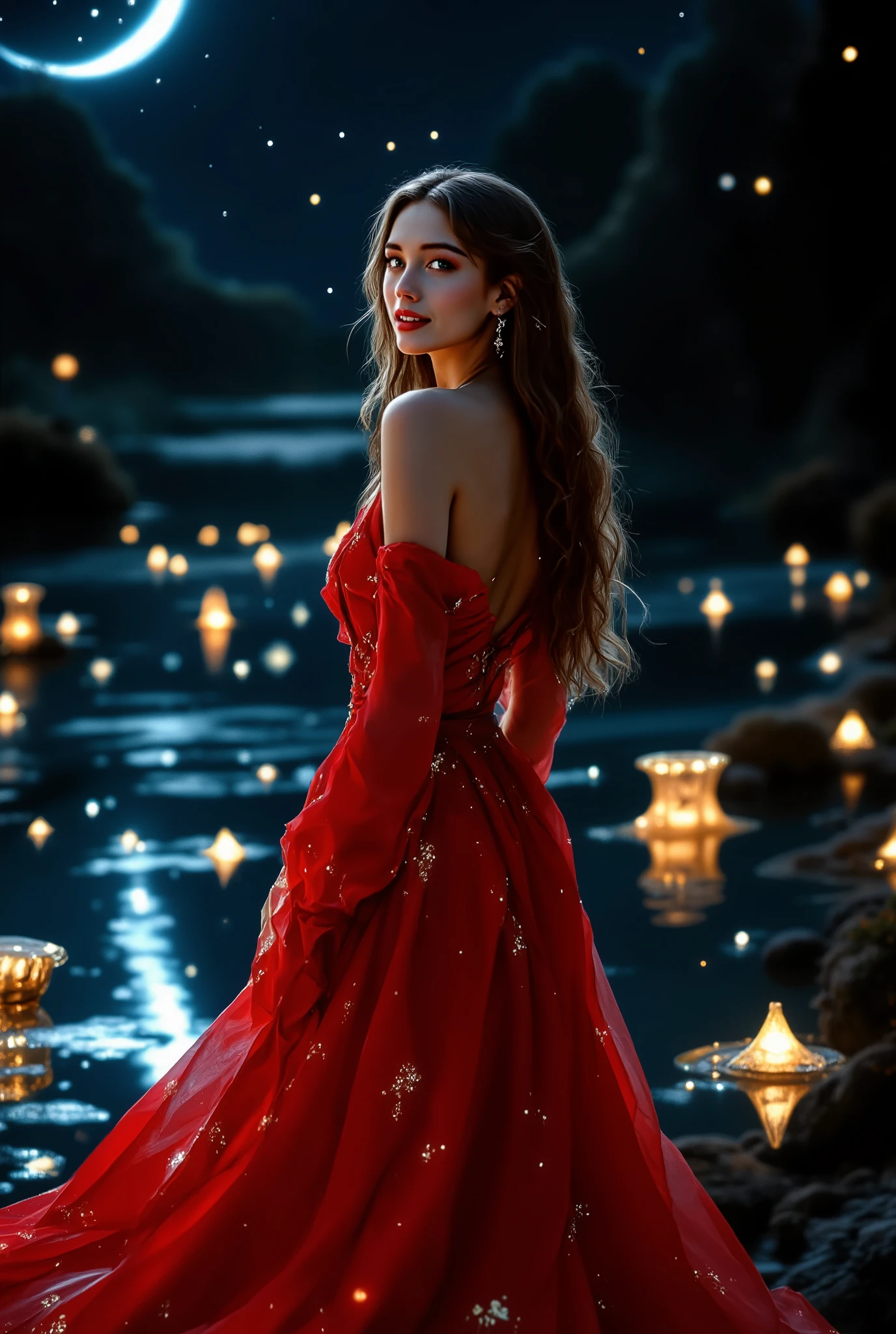 Amazing Moonlight, sparkling stars, A beautiful lake where she walks Girl, A Beautiful Girl with a Smile, in a Beautiful Red Thread Dress, Beautiful, is sexy, her Long Beautiful hair is folded into a beautiful hairstyle, , unusual little lights are burning all over the lake, beautiful, delicate color, Beautiful Makeup , beautiful image, better quality, intricate details, High quality, 8 k, maximum Details, fantasy style, Masterpiece , pinkfluxproultrafantasia, magic, Fantasy, Wonderful, great ,