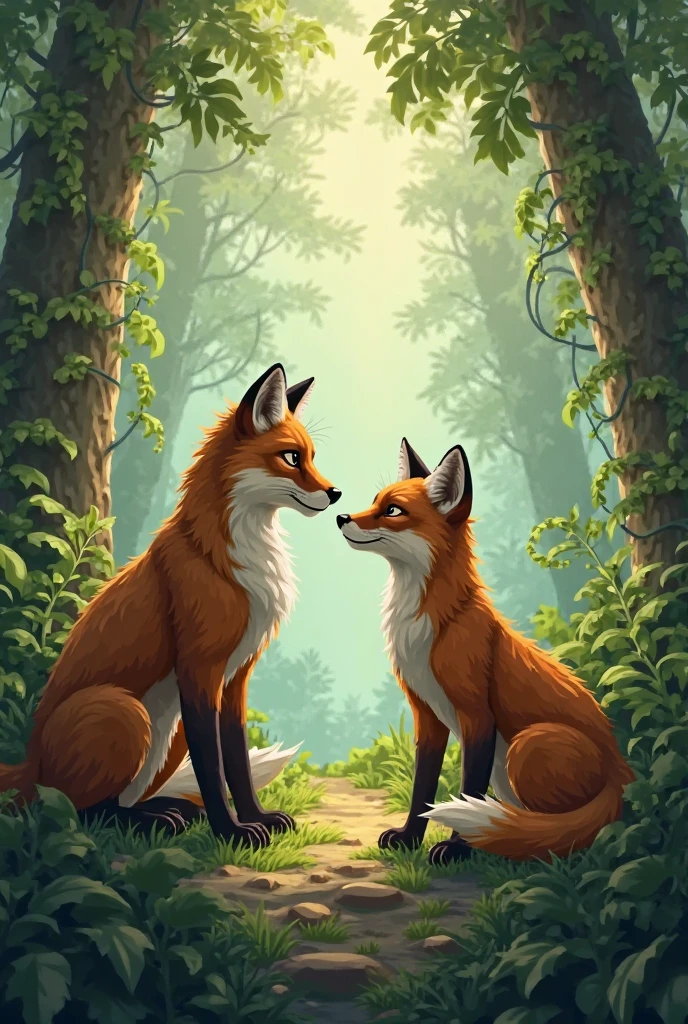Create two foxes. One of the foxes is bigger and is a normal fox while the other is smaller and is a 9-tailed fox., they are a couple