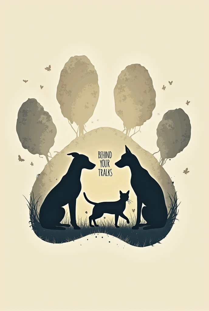 that is a silhouette of a hound dog and a white cat , and title "behind your tracks " in the middle of the silhouette of a pet paw print