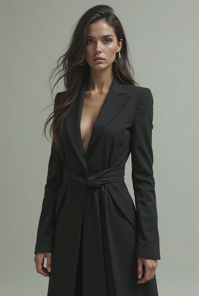 Anime 20 years old girl wearing black tuxedo with black shades and plane background 