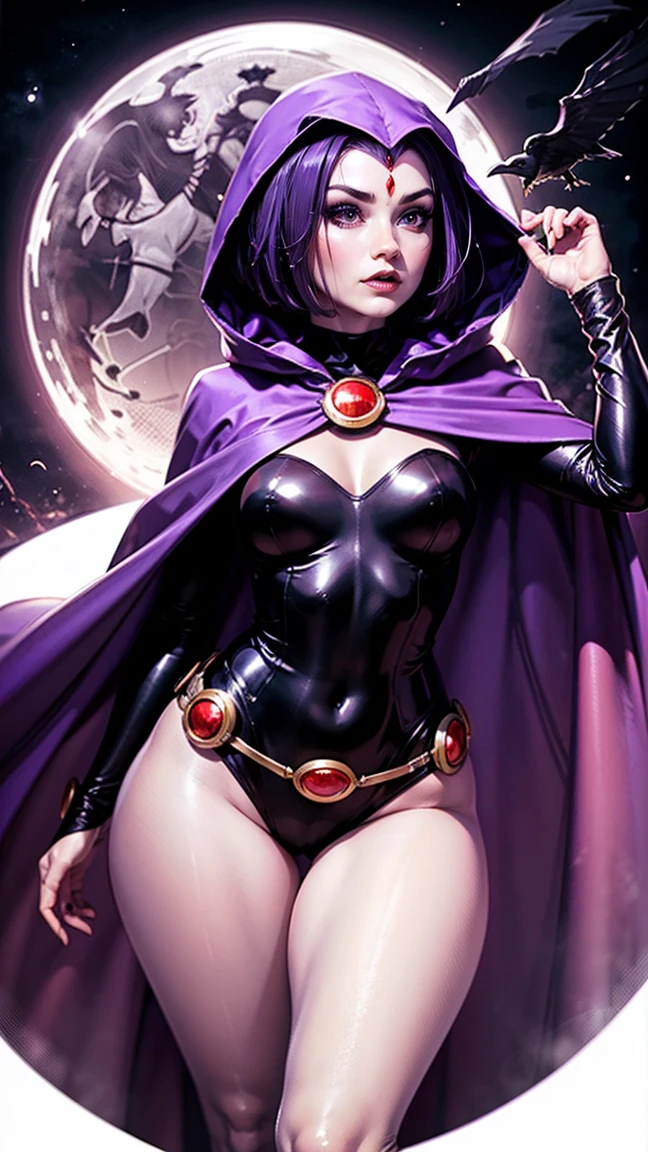 illustration of Raven from DC Comics, 1 girl, Raven, high collar, black leotard, black cape, hooded cloak, cabelo roxo, testa jeauel, purples eyes, shorth hair, belt, stretched skin, standing, neckleace, toned, pose, natta , moonlights, ((posando)), motion lines, trunk, trunk, portraite, b&au. contour, in anime tarot card art style, chic, glamourous, reflection, Glow Up, shadowing, pantyhose 40 dinier, mic