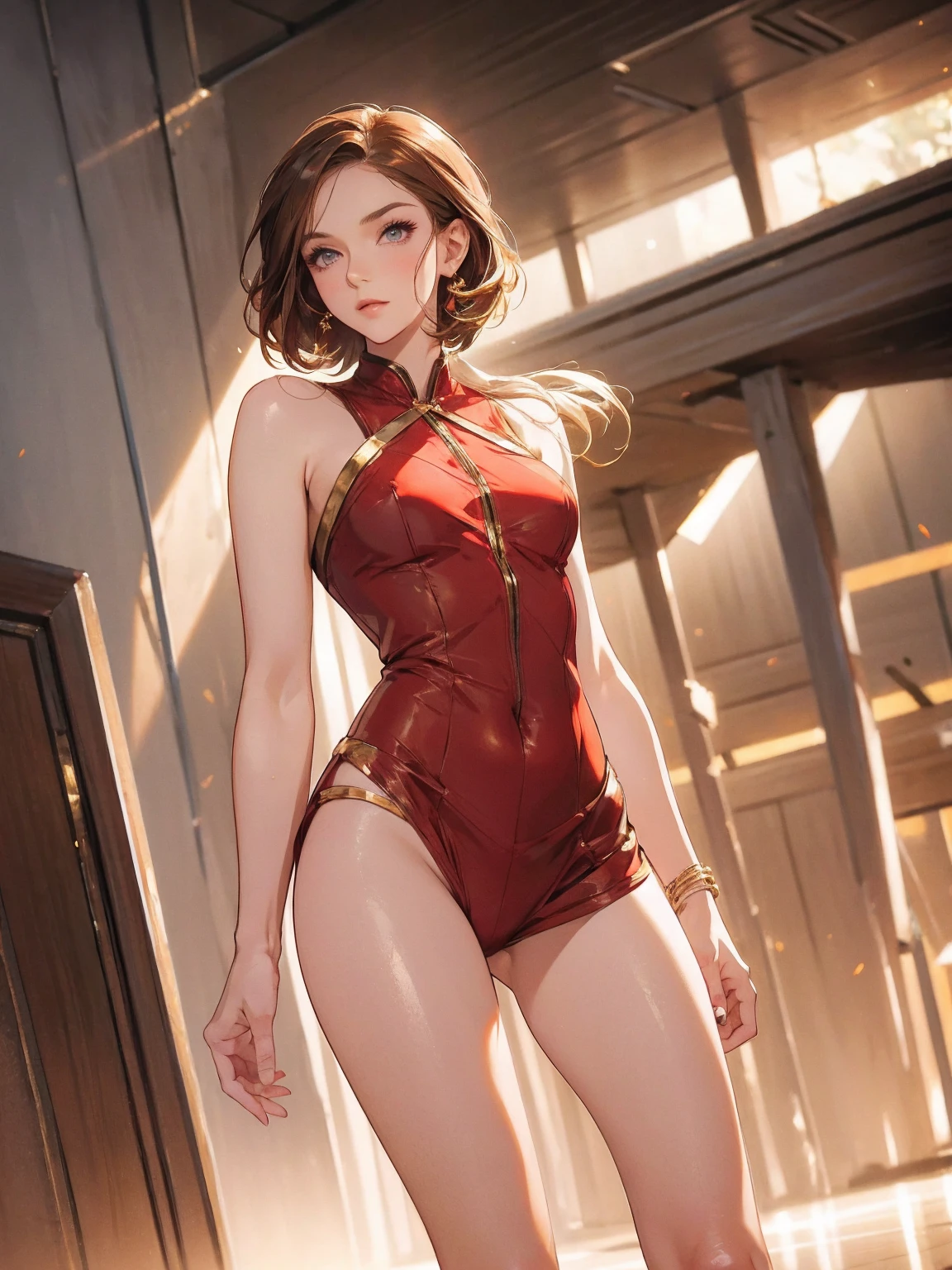 modelshoot style, (extremely detailed CG unity 8k wallpaper, hasselblad award winner), beautiful detailed portrait of a young female, beautiful sports girl in the militia uniform of the Soviet Union, serious look, (NKVD style:1.4), stands in a defiant pose, provocative dominance position above the camera, legs apart, legs open, legs apart, sexy, legs apart, pubis, panties, cinematic lighting, ambient soft lighting, dramatic lighting, diffused soft lighting, aviator style, (detailed background with red flags of the soviet union:1.2), futuristic, imperial style, elite, rich, highly detailed, intricate, sexy uniform, hot body, small breasts, with a long blonde tail and a long brown fur leather coat, artstation, cgsociety art, DeviantArt trending, 8k HD, masterpiece, high quality, sharp focus, digital art by Artgerm and Greg Rutkowski and Alphonse Mucha, professional majestic oil painting by Ed Blinkey, Atey Ghailan, Studio Ghibli, by Jeremy Mann, Greg Manchess, Antonio Moro, trending on ArtStation, trending on CGSociety, Intricate, High Detail, Sharp focus, dramatic, photorealistic painting art by midjourney and greg rutkowski