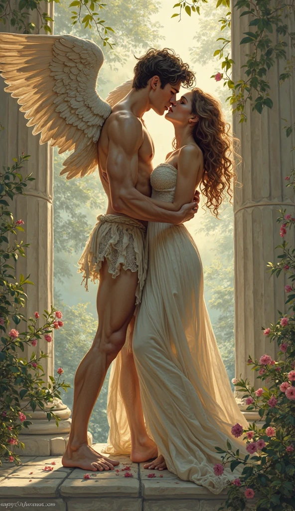 candid an image of 2man, an attractive and charming 2man, Position in a graceful contrapposto stance (in a field of vibrant swirling roses garden), good looking masculine appearance with slender smooth body, delicate and symmetrical face, natural olive skin tone, (nude body wrapped in classical drapery sheer rainbow color fabric), with flowing dramatically in the wind, some fabric to billow as if caught by a gentle breeze. The composition include mythological elements, such as a backdrop of a serene ocean with a golden sunrise and nymphs to frame the scene. Illuminate the scene with soft diffused lighting to create a dreamlike, celestial atmosphere, capturing the delicate interplay of light and shadow on his face and body. ((full body shot)), wide-angle lens on a high-resolution DSLR camera to capture the grandeur and intricate details of the setting, while shooting from a low angle to emphasize the model's majestic presence. The overall mood should blend the classical elegance of Botticelli's work with a modern, high-fashion aesthetic, producing an image that feels both timeless and contemporary, adding the Two Cherubs in the sense to balance and harmony the photo, evoke the soft ethereal quality of the Renaissance style, POV, raw photo, ((masterpiece)), ((best quality:1.4)), High Resolution, (ultra_realistic:1.37), (photorealistic:1.4, (NSFW), ((Pay attention to the layer and arrangement of body parts and surrounding objects)), ((Pay attention to the body composition)), ((Correct body structure)), ((Correct photo distance)), romantic atmosphere, lively extremely Gorgeous background), gay wedding,