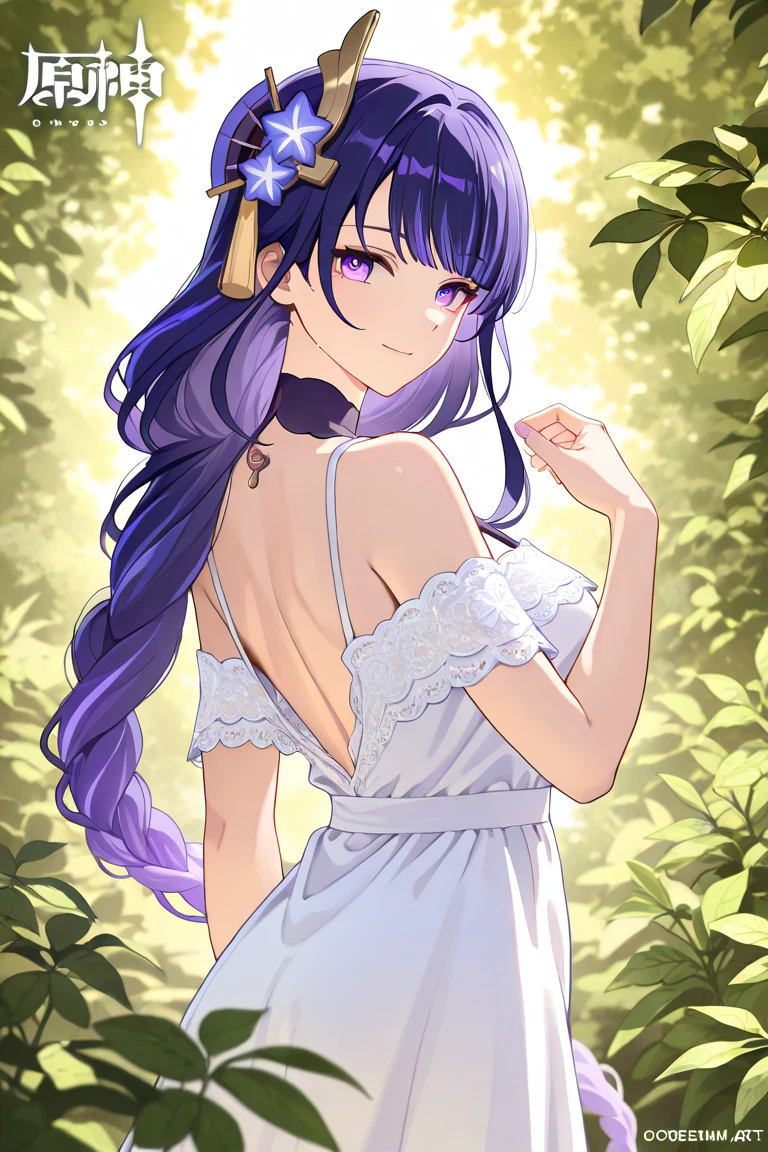 score_9, 1girl, solo, yuuka \(blue archive\), blue archive, halo, purple eyes, purple hair, ponytail, long hair, medium breasts, yuuka-default, cleavage, bare arms, white flowy sundress with a lace-up neckline, looking at viewer, outdoors, blush, closed mouth, smile, standing, grass, trees, sky, clouds,