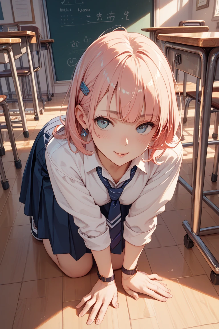 (top-quality、8K、32K、tmasterpiece、NFFSW、超A high resolution、Impresionismo、Photorealsitic:1.2)、Angle from Above、high-angle、Colossal tits、cow boy shot, detailed faces and eyes、 inside a classroom、schools、Evening glow、beauitful face、blurred back、16-year-old beautiful girl、shiny skins、short-hair、Beautiful pink hair、Blunt bangs、Red eye、(Katyusha:1.2)、a sailor suit、Pleated miniskirt、curves、on one knee、mouth open smile、opening legs、
