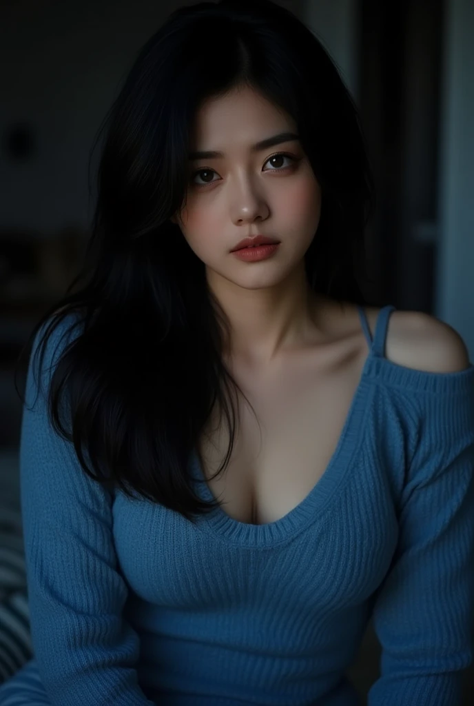 The eyes of a young, beautiful Japanese woman wearing a dark blue sweater standing by the window looking out at the rain falling outside. Focal length 100mmf/2.8, spring evening, rainy weather outside, living room on the upper floor of a high-rise apartment, well-shaped face, toned body, dark blue sweater, dark blue lace panties, close-up of eyes, sense of presence, 8K image quality ,Highest quality.