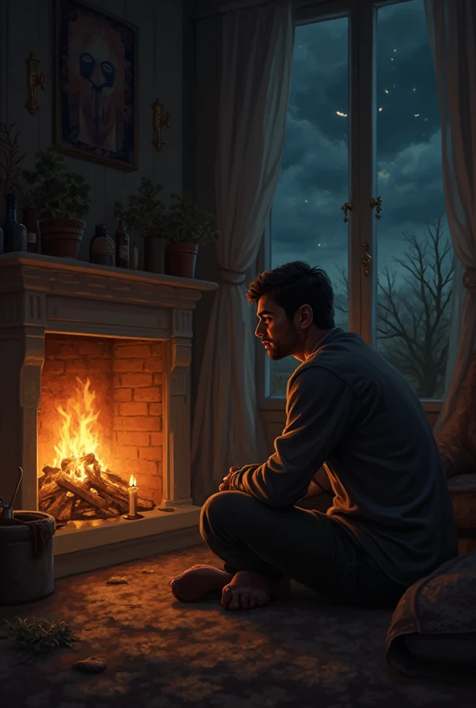 Stunning rainy October scene, by rubens+rembrant, from a countryside window, a young man sitting, perfect anatomy, realisitic skinny detailed muscles, muscled legs, handsome, gorgeous, man, heavy rain on the outside of the window, cozy, rural, art by american realisim, super cute sleeping dog, cozy blanket, fireplace, well lit, stunning, hyper detailed, highly detailed, award winning, thought provoking, beautiful, soft glow, blissful, peaceful
