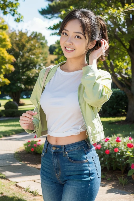 Cute woman、Stylish T-shirt、hot pants、Wavy short hair、Hoodie jacket、Glasses、High definition、4K resolution、Photorealistic、tourist spot、smile、Plump
