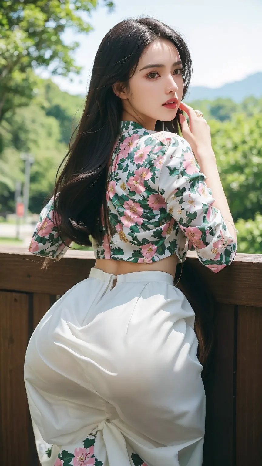 ((Best Quality, 8k, Masterpiece:1.3))), Crisp Focus: 1.2, (Beautiful 20years old cute girl.cute face.with Perfect Figure: 1.4) , Highly Detailed Face and Skin Texture., , Long Hair, acmm ls outfit, wearing acmm top, olive red acmm top, long sleeves, wearing acmm long skirt, olive red acmm long skirt, printed skirt, garden background with green tree.view from behind.ultra HD.