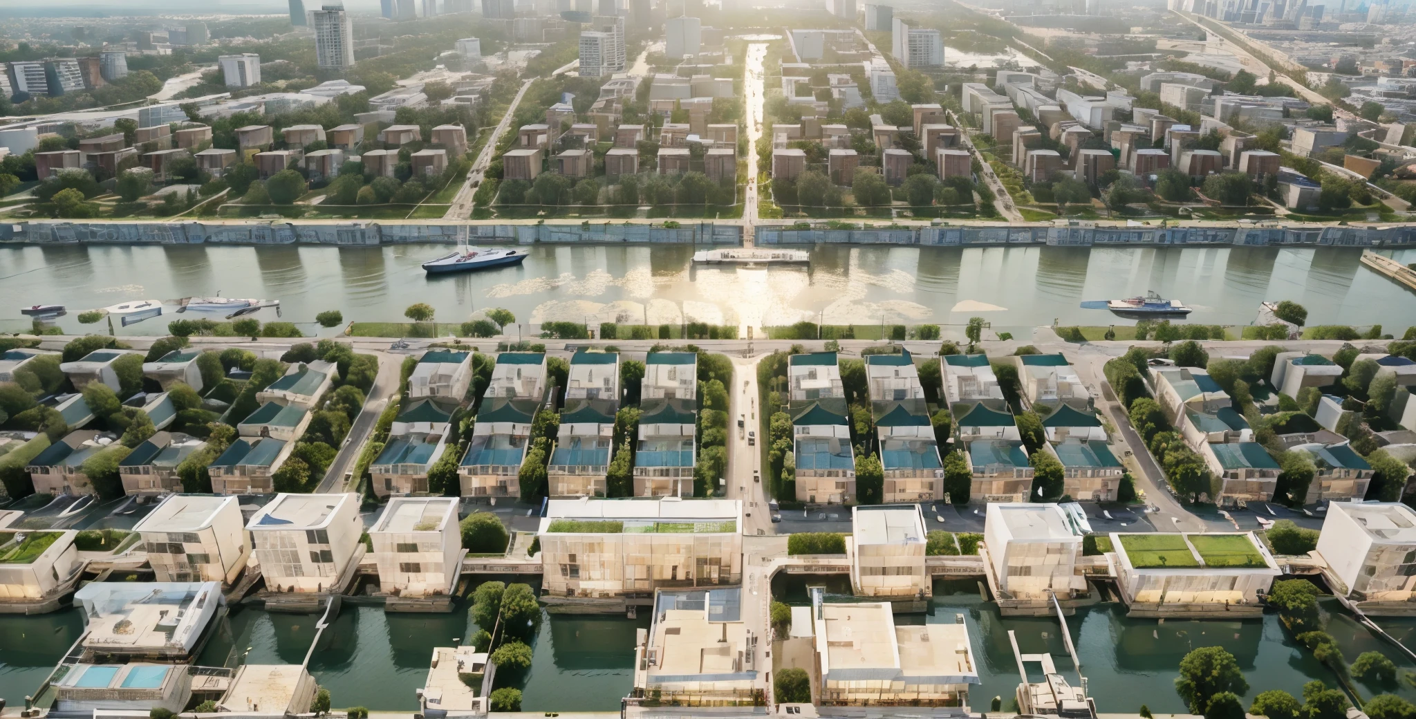 Aerial view photo of a garden villa residential area by a canal, surrounded by a bustling and lively urban district. Large container barges navigate along the canal.
