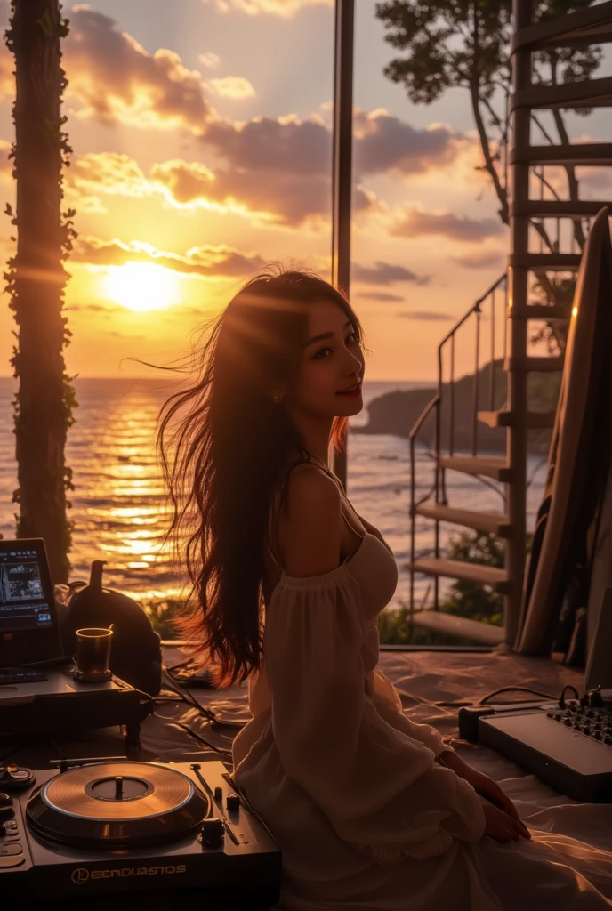 Japones sin ropa en la cama en un atardecer
