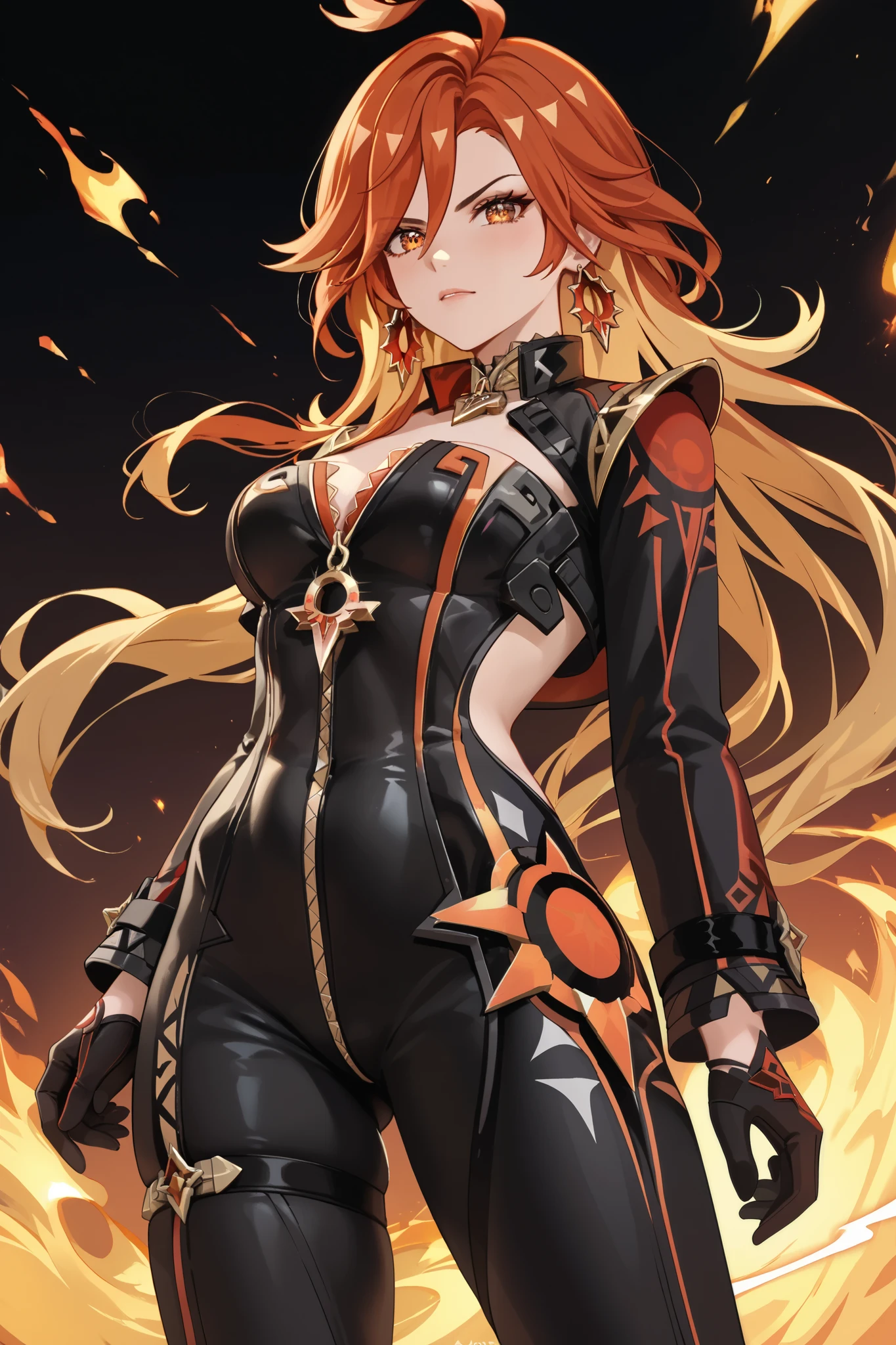 masterpiece, beautiful, ultra-detailed, detailed face, 4k, hd, perfect lighting, best quality, score_9, score_8_up, score_7_up, score_6_up, 2d art, perfect hands, perfect eyes
((cowboy shot))
mavuika \(genshin impact\)
earrings, black bikesuit, black gloves, high heel boots, shrug \(clothing\), metal collar
1girl, fighting pose, serious look, back, angry, ready to kill, fire
genshin impact, at night, nightmare