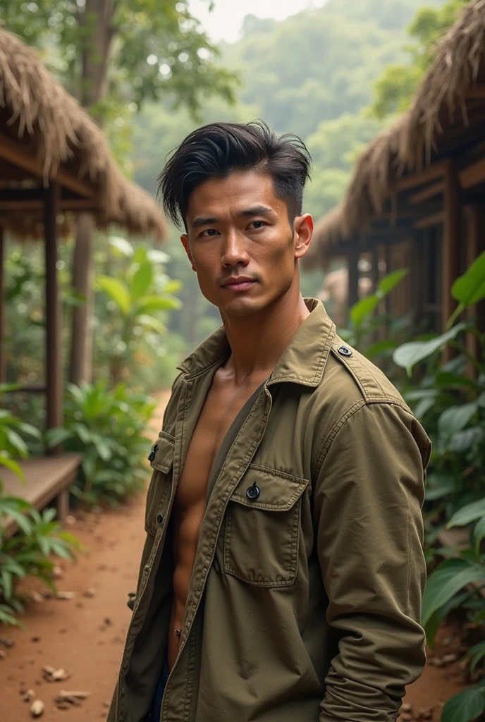 generate a master photograph describing a shapely Man, a peaceful forest scene with tall trees and dappled sunlight filtering through the leaves, (8K, best quality), he has a physique like Jun Shison, long sleeves,  smile, brown hair, black hair, (hard chest, six pack, v cut), half body, walking along a forest path with a relaxed and content expression, wearing comfortable hiking clothes and carrying a small backpack, (He has sexy buttocks, Most sexy booty, Most sexy glutes), Manly, Mancore, (He has fit hips, sexy hips, sexy fit hips, extremely sexy hips), (asian skin, glistening skin, beautiful complexion), shot on Fujifilm superia, (Studio soft light, high detail, cinematic lighting, rim lighting), Style: (hyperrealistic, by DynastySeries FashionNova, photo, {{{masterpiece photography}}}, analog photograph, professional fashion photoshoot, trending on artstation, synthwave, krrrsty), Quality: (photographed, masterpiece, highest resolution), Definition: (highres, sharp focus, 8k uhd, ultra photo-realistic resolution), Film: (80 mm, shot on portra 120, shot on Fujifilm), Resolution: (extremely detailed, (sharp focus:1.5), cinematic lighting, dramatic lighting, ultra photo-realistic), luxury: mohawk hairstyle    