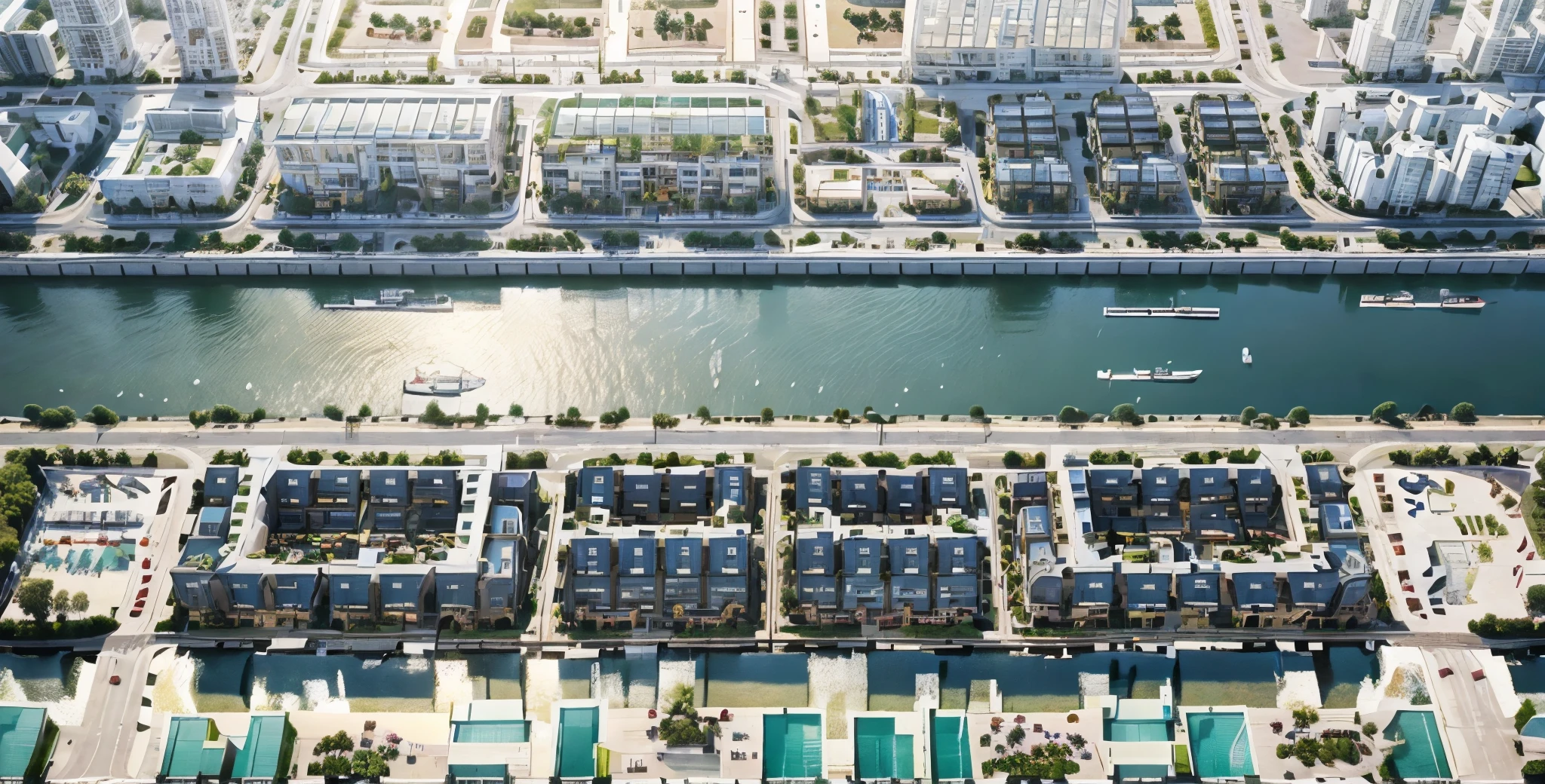 Aerial view photo of a waterfront urban district, featuring rows of three-story villas. At the center, a brightly lit shopping and service hub glows beautifully. On the canal, large container barges navigate through the water